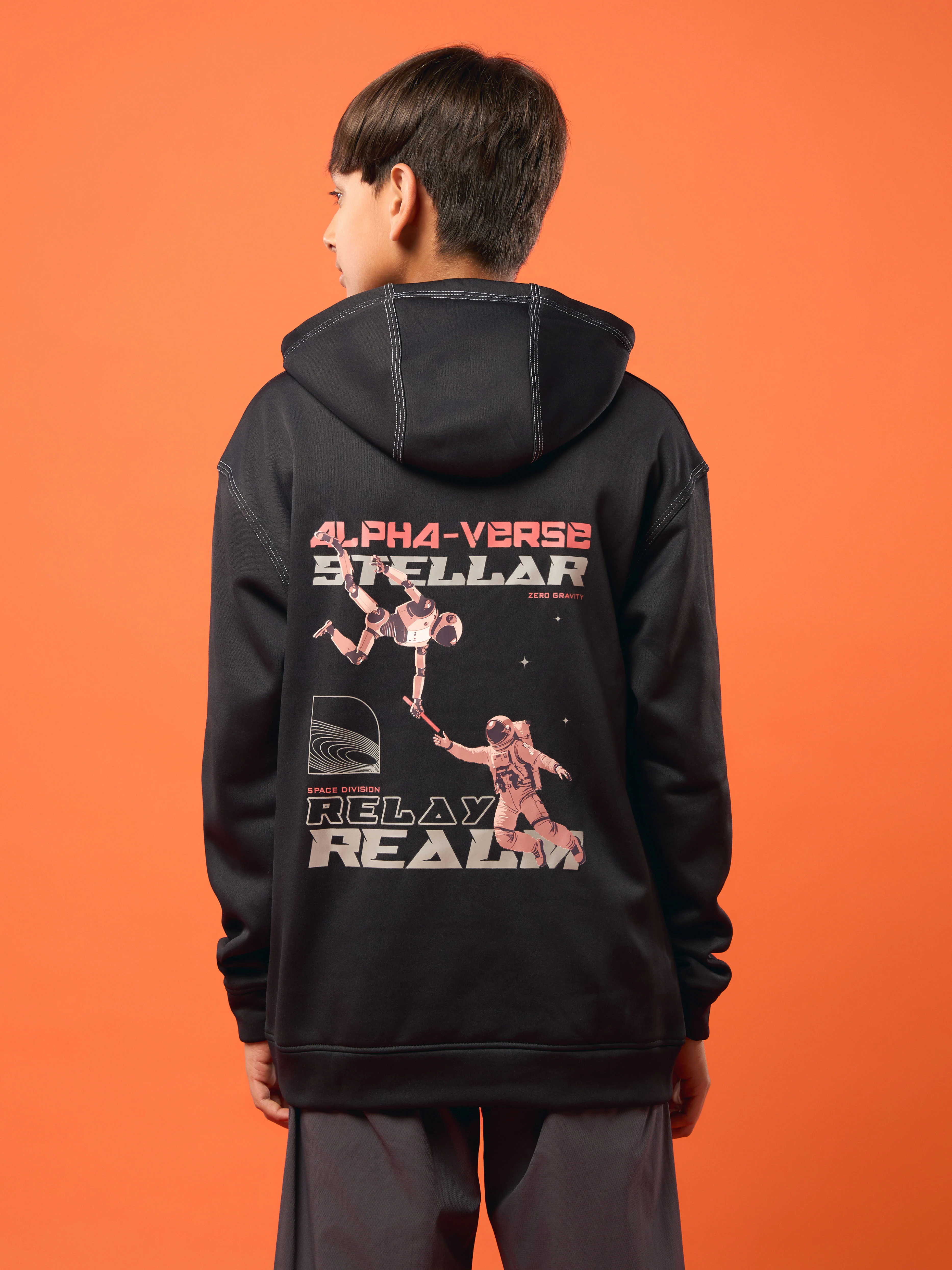 Boys Back Printed Slim Fit Hooded Sports Sweatshirt with TECHNO WARM+ - Image 3