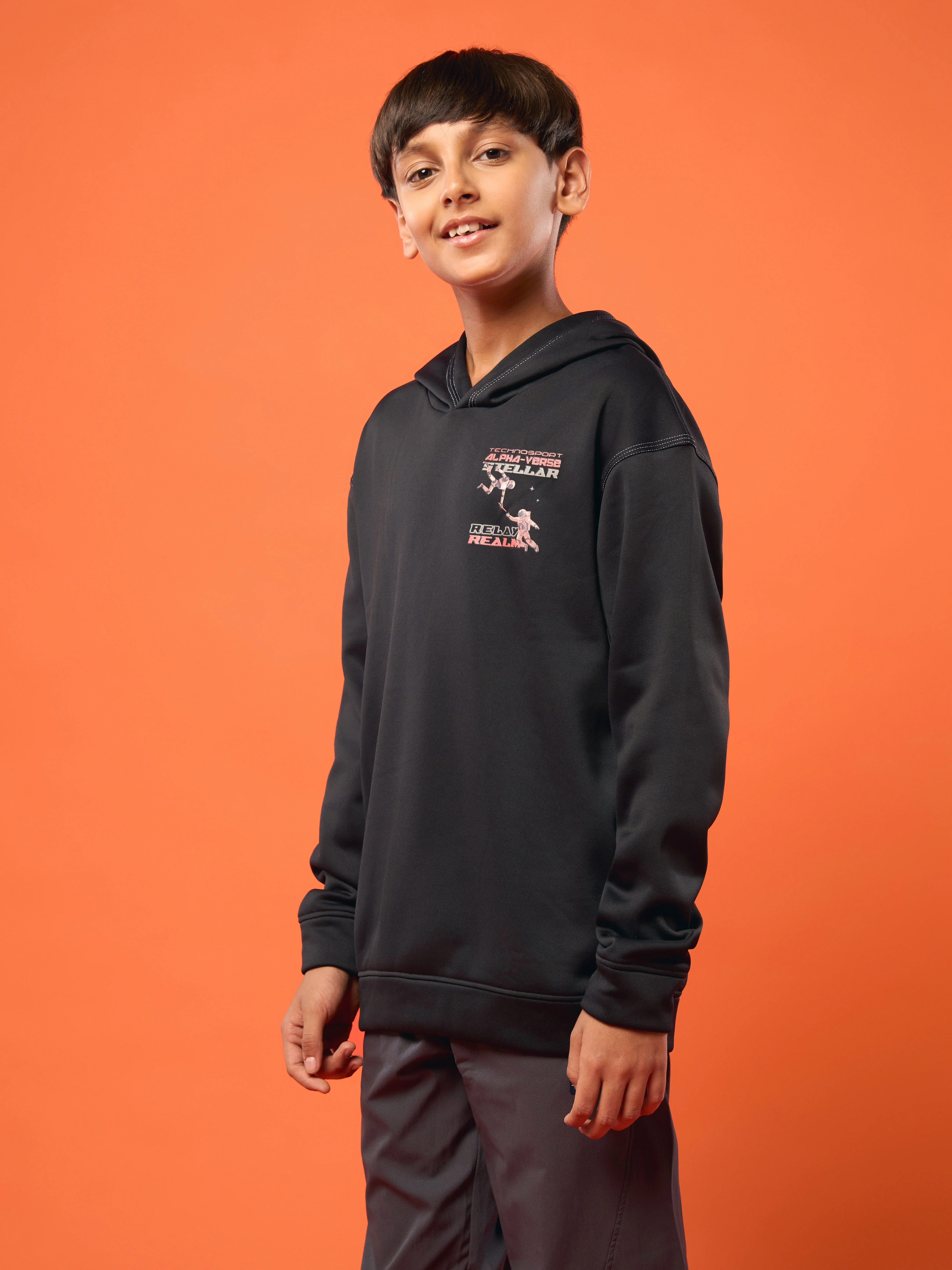 Boys Back Printed Slim Fit Hooded Sports Sweatshirt with TECHNO WARM+ - Image 4