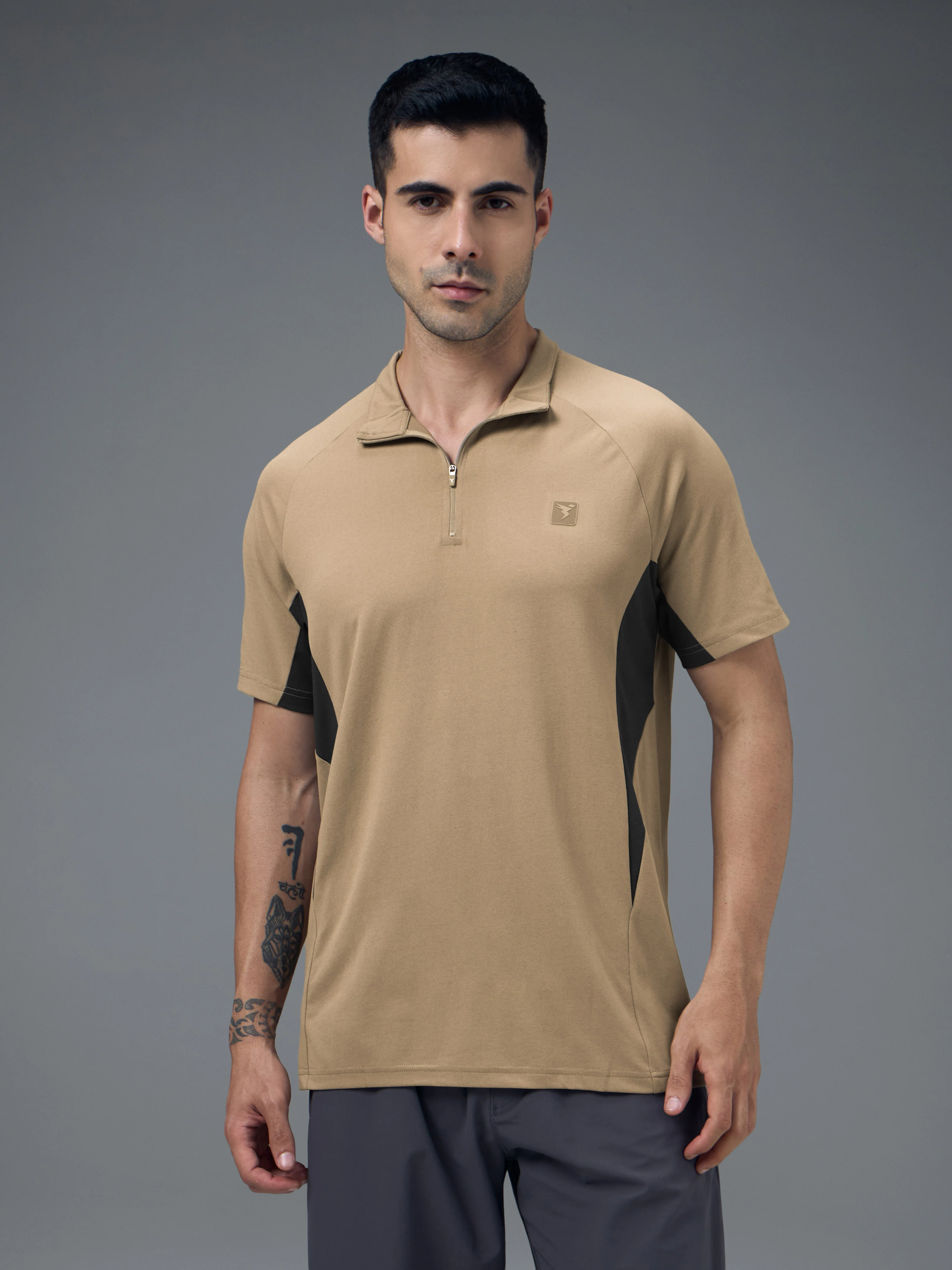 Men Colorblock Slim Fit Mock Neck Sports T-shirt with COTFLEX - Image 2