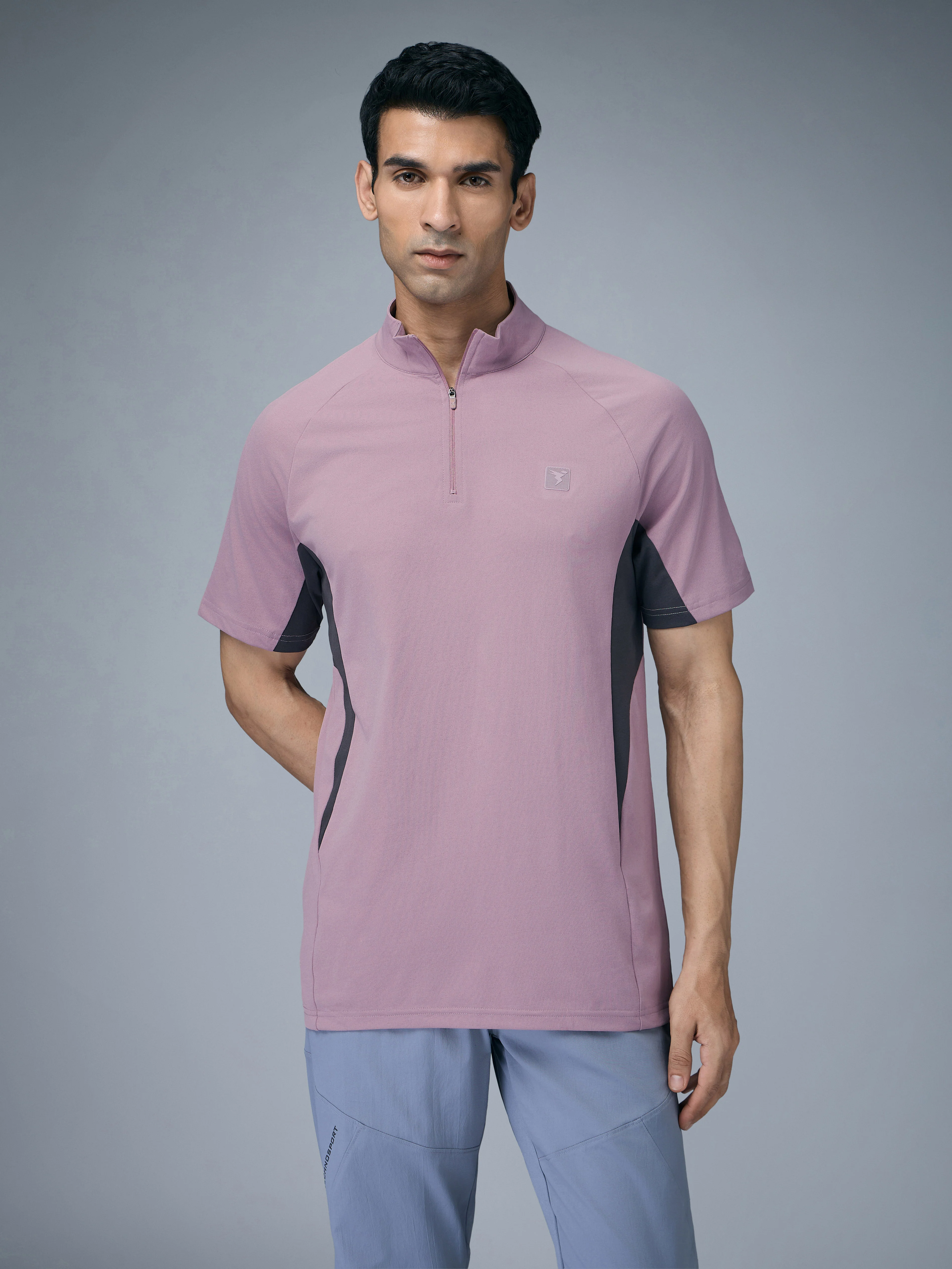 Men Colorblock Slim Fit Mock Neck Sports T-shirt with COTFLEX