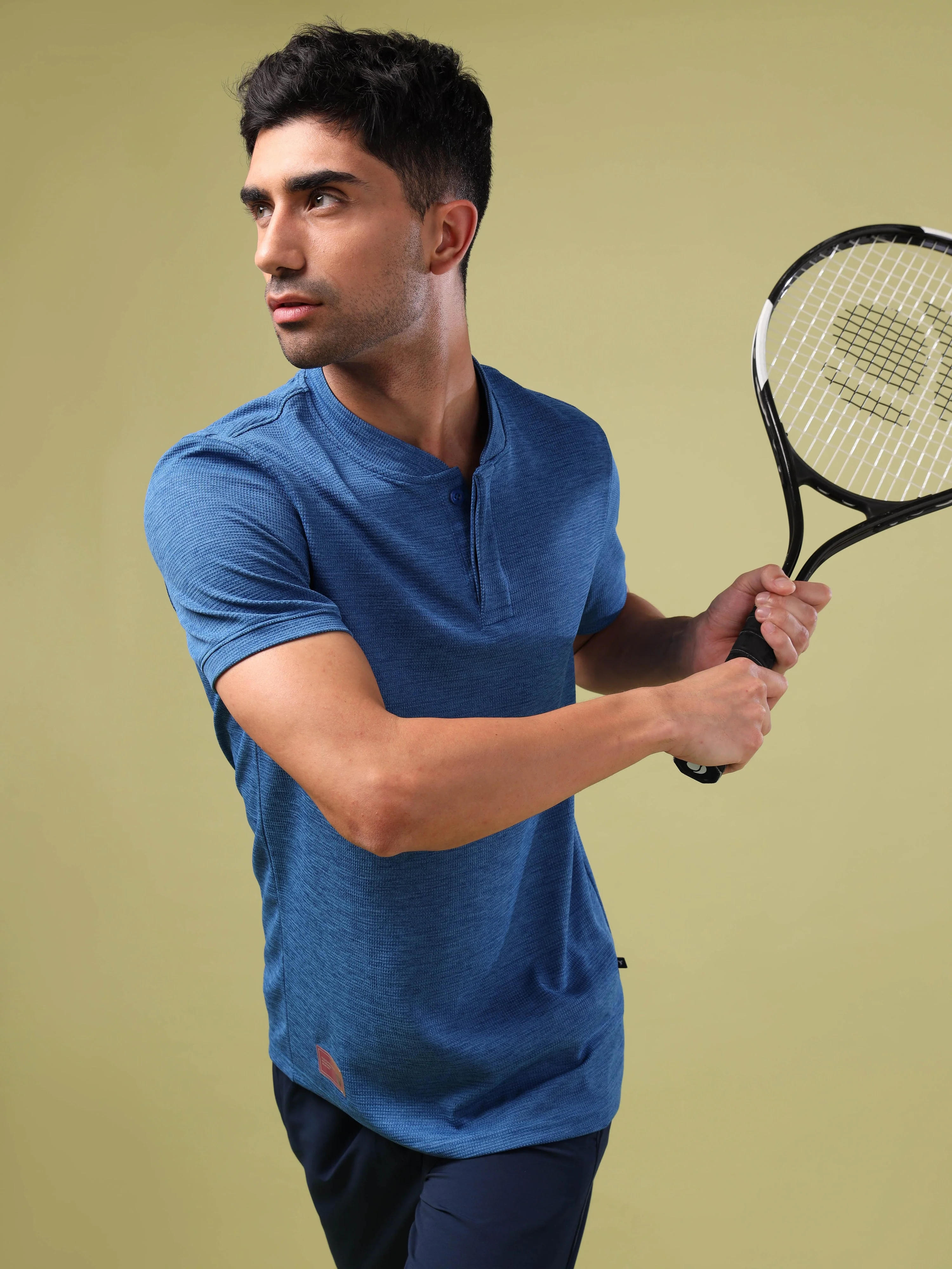 Men Cubic Melange Slim Fit Henley Neck Sports T-shirt with DOUBLE COOL - Image 2