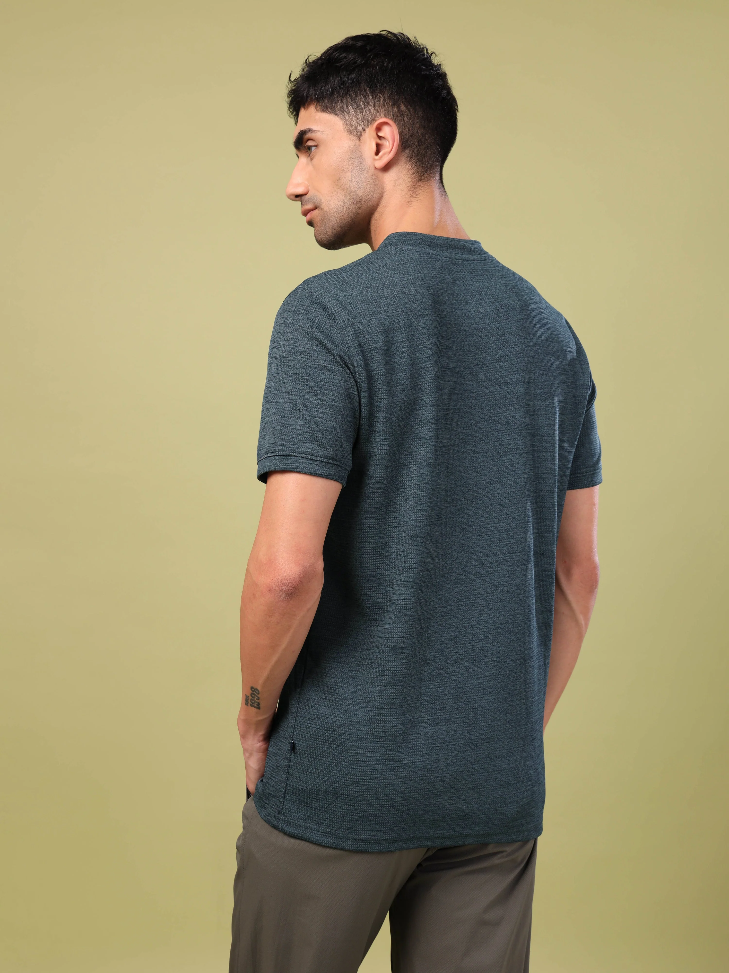 Men Cubic Melange Slim Fit Henley Neck Sports T-shirt with DOUBLE COOL - Image 3