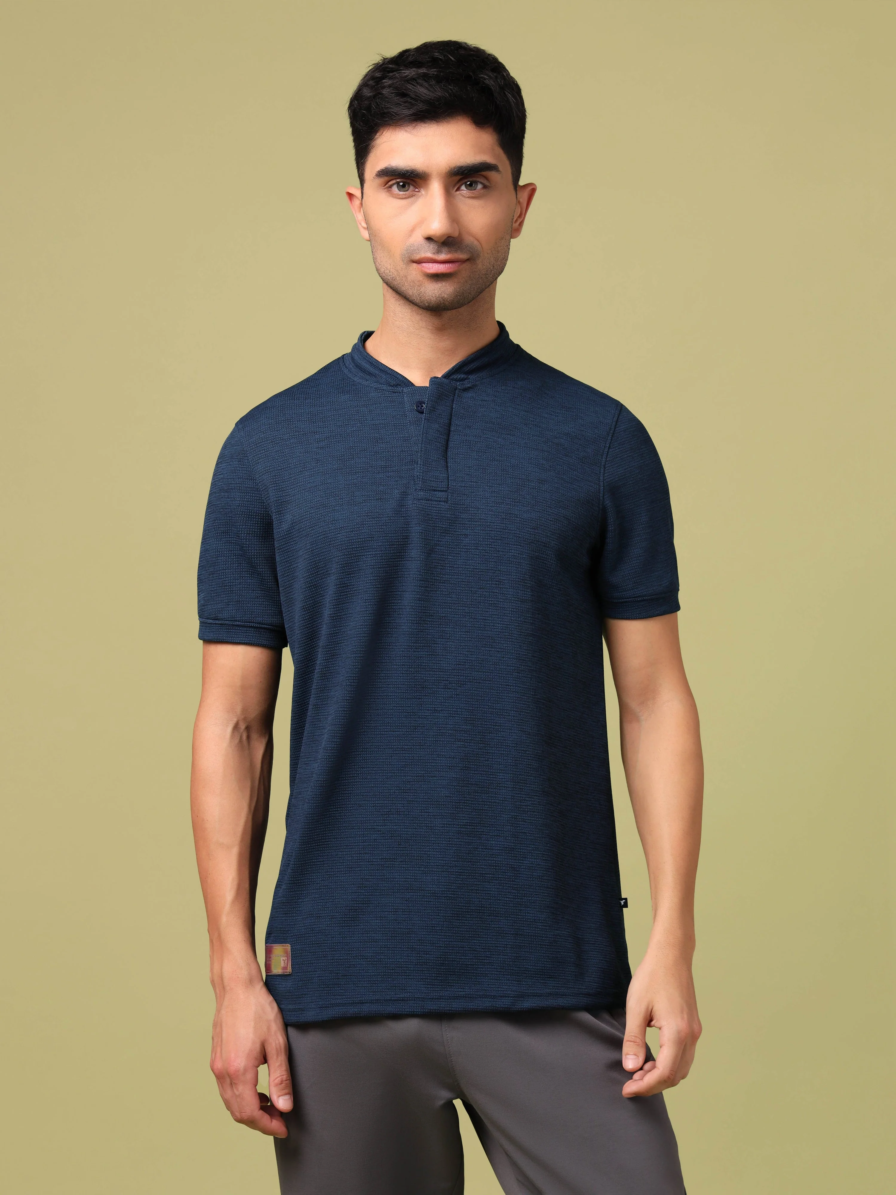Men Cubic Melange Slim Fit Henley Neck Sports T-shirt with DOUBLE COOL - Image 2
