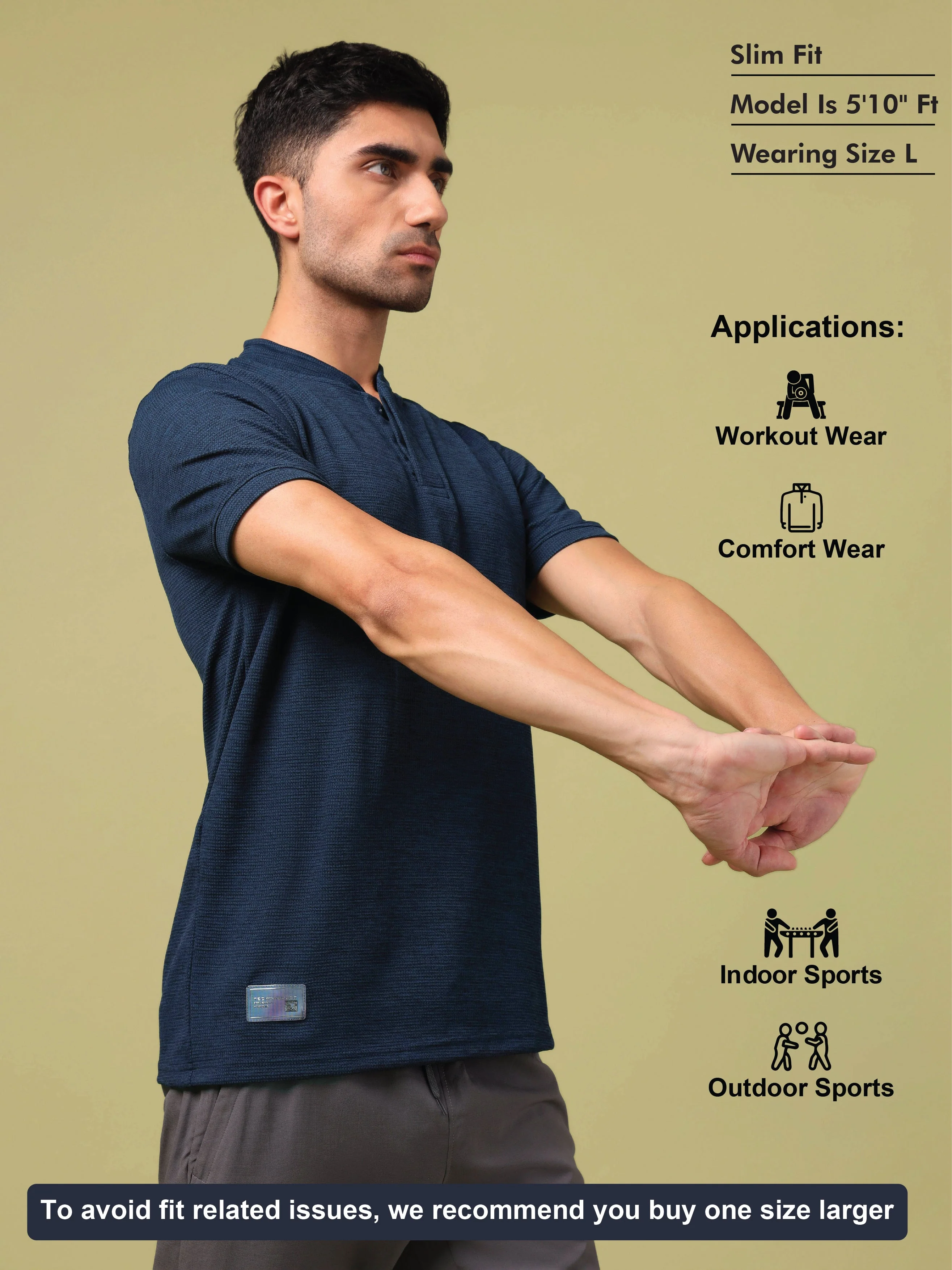 Men Cubic Melange Slim Fit Henley Neck Sports T-shirt with DOUBLE COOL - Image 5