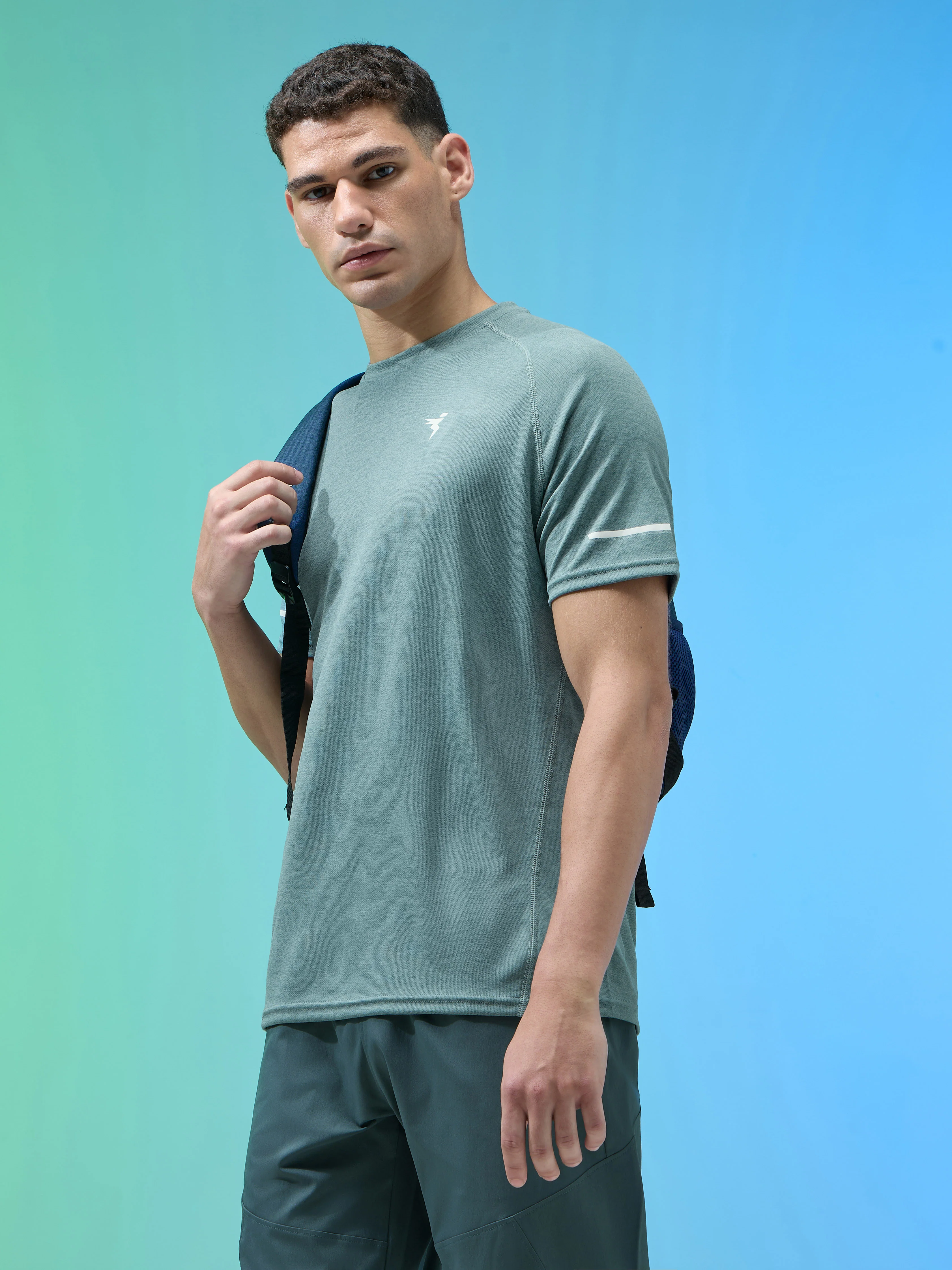 Men Melange Slim Fit Crew Neck T-shirt with DOUBLECOOL