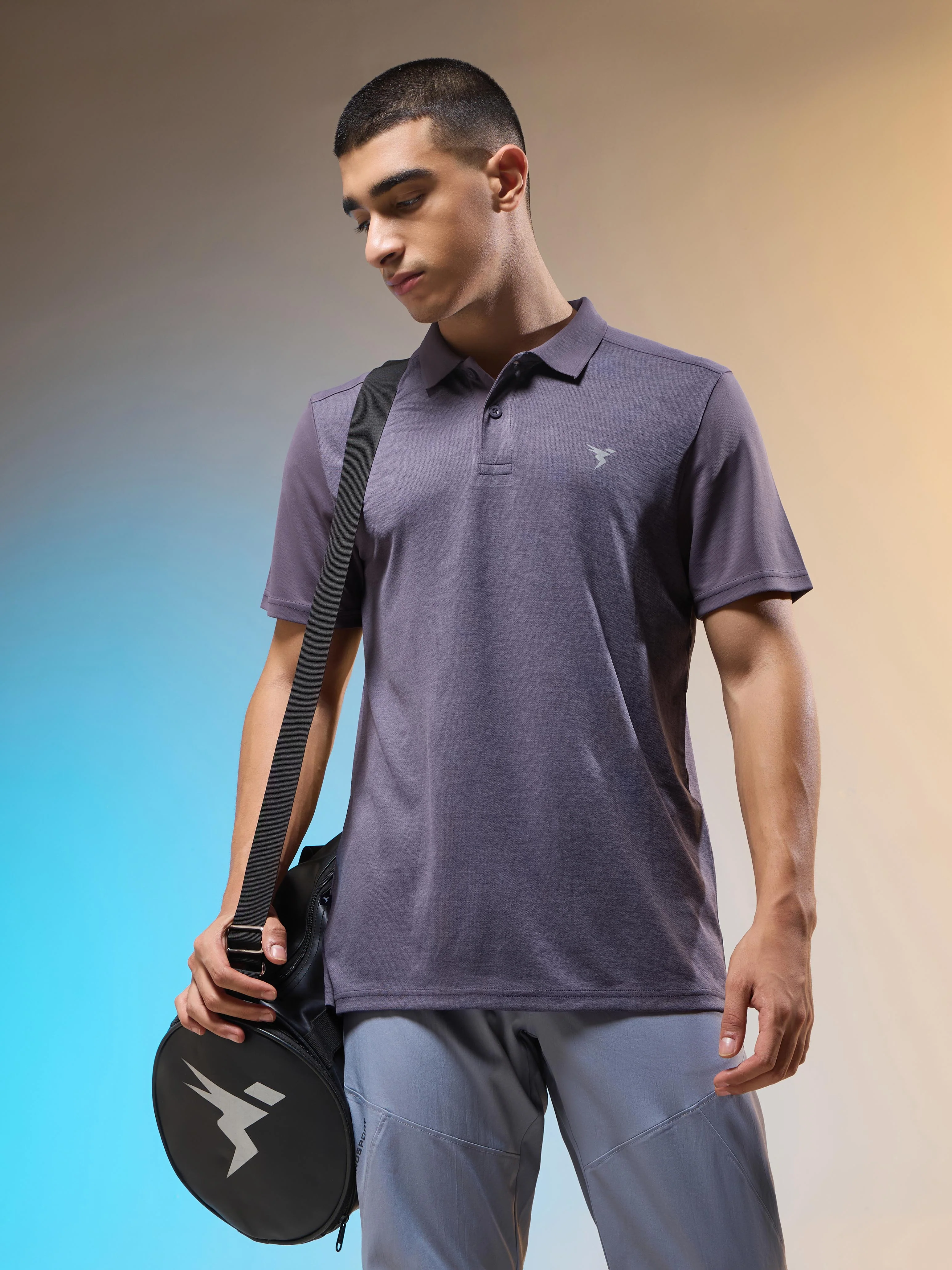 Men Melange Slim Fit Round Neck Sports T-shirt with DOUBLE COOL