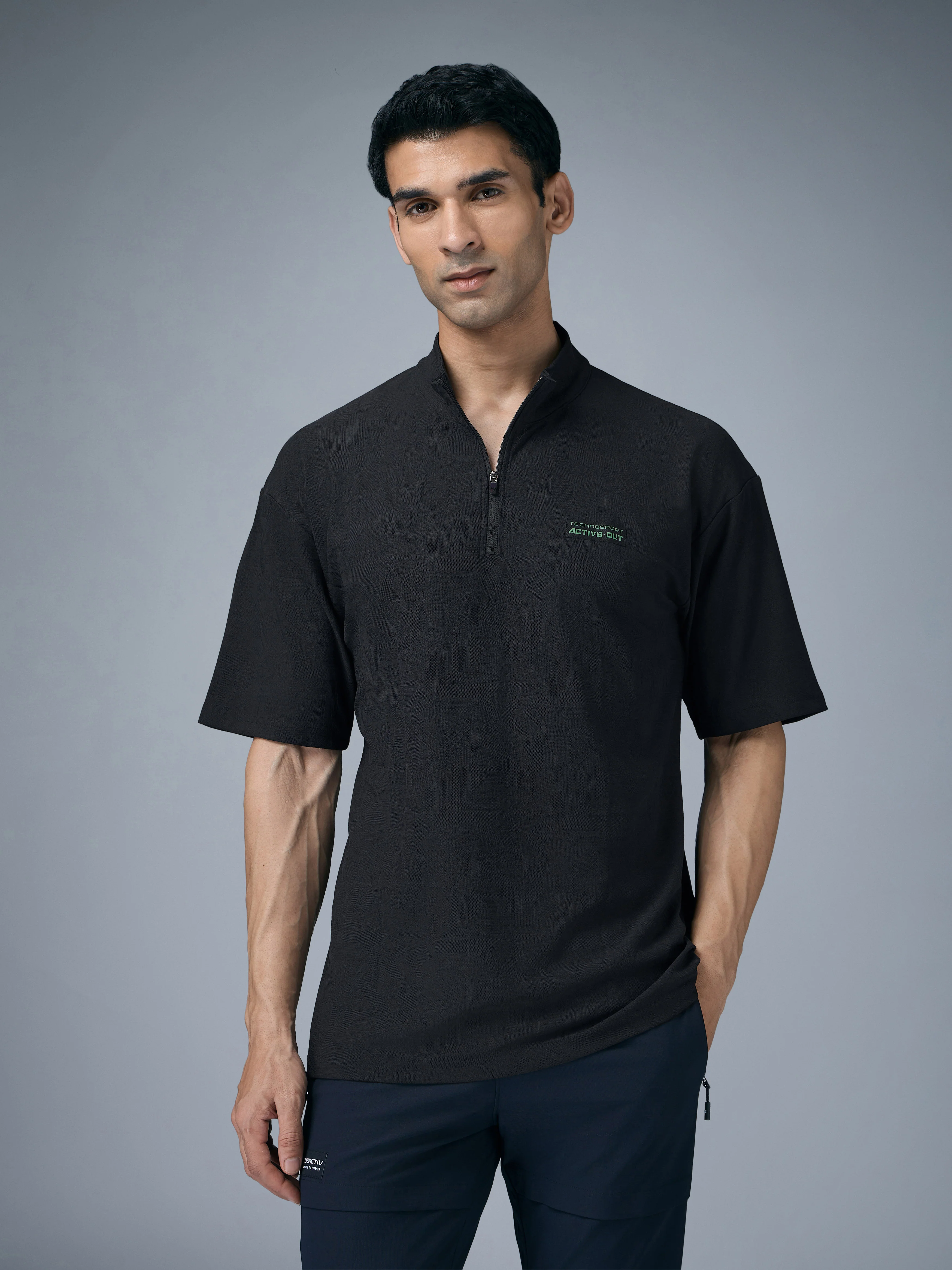 Men Mock Neck Self Design Oversized Active Out T-shirt with MATPIQ - Image 2