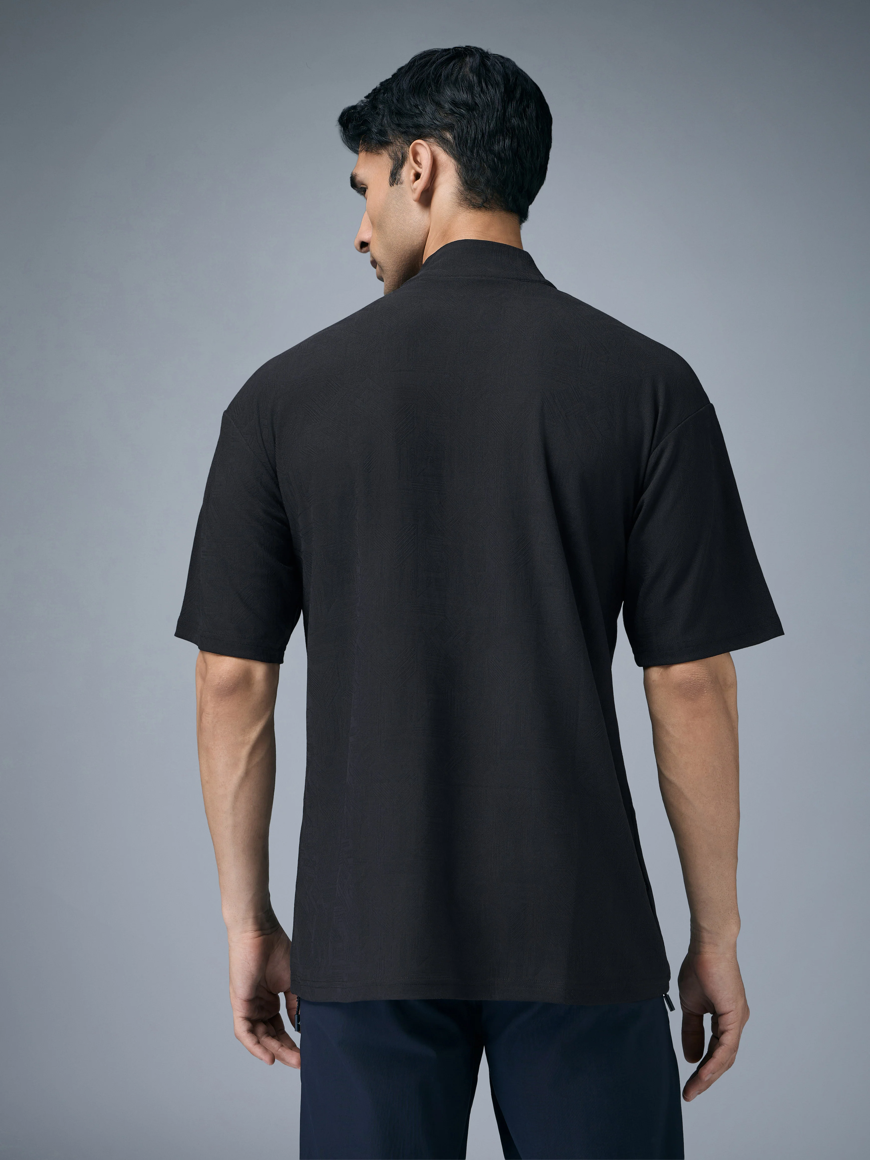 Men Mock Neck Self Design Oversized Active Out T-shirt with MATPIQ - Image 3