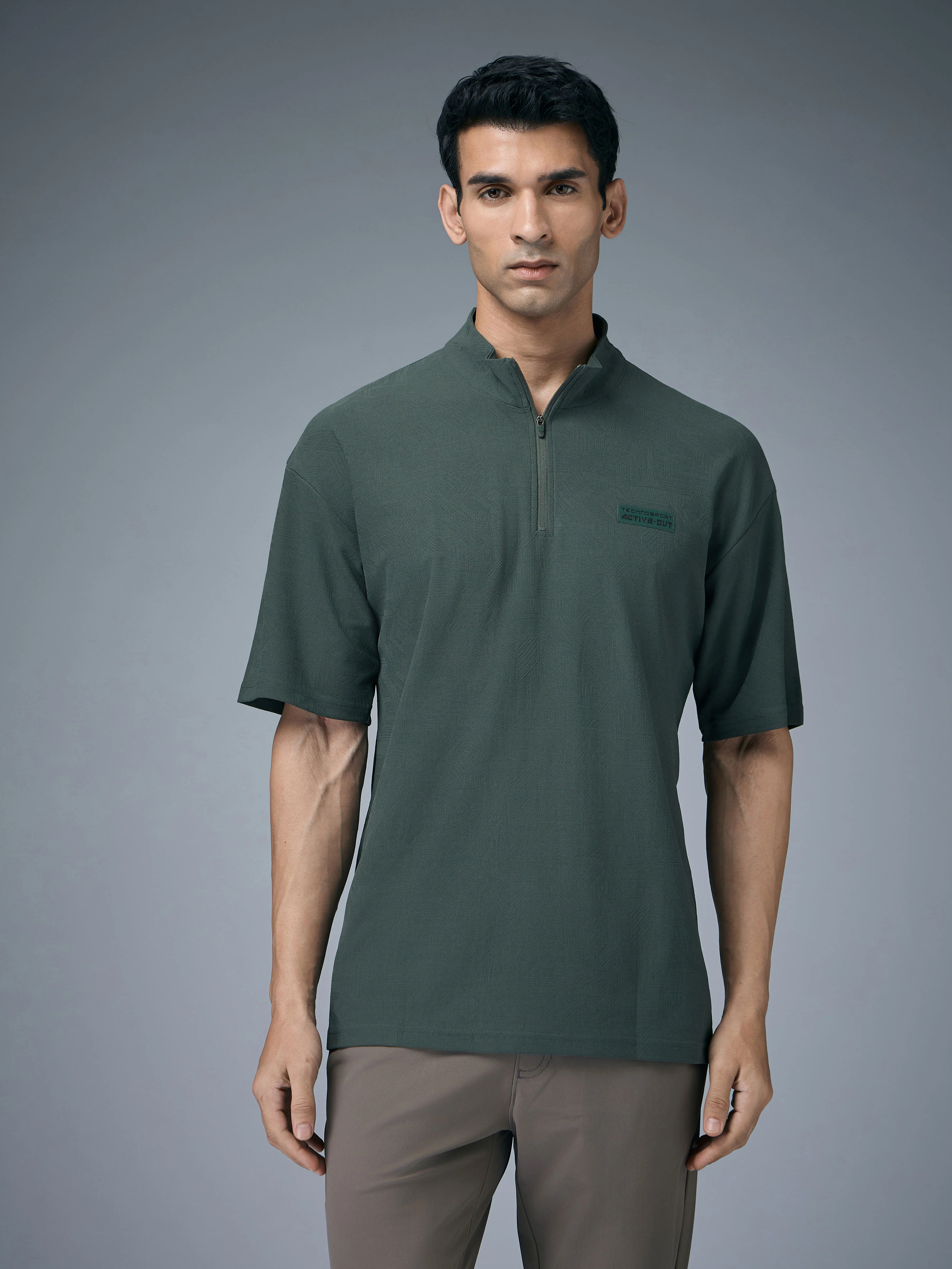 Men Mock Neck Self Design Oversized Active Out T-shirt with MATPIQ - Image 2