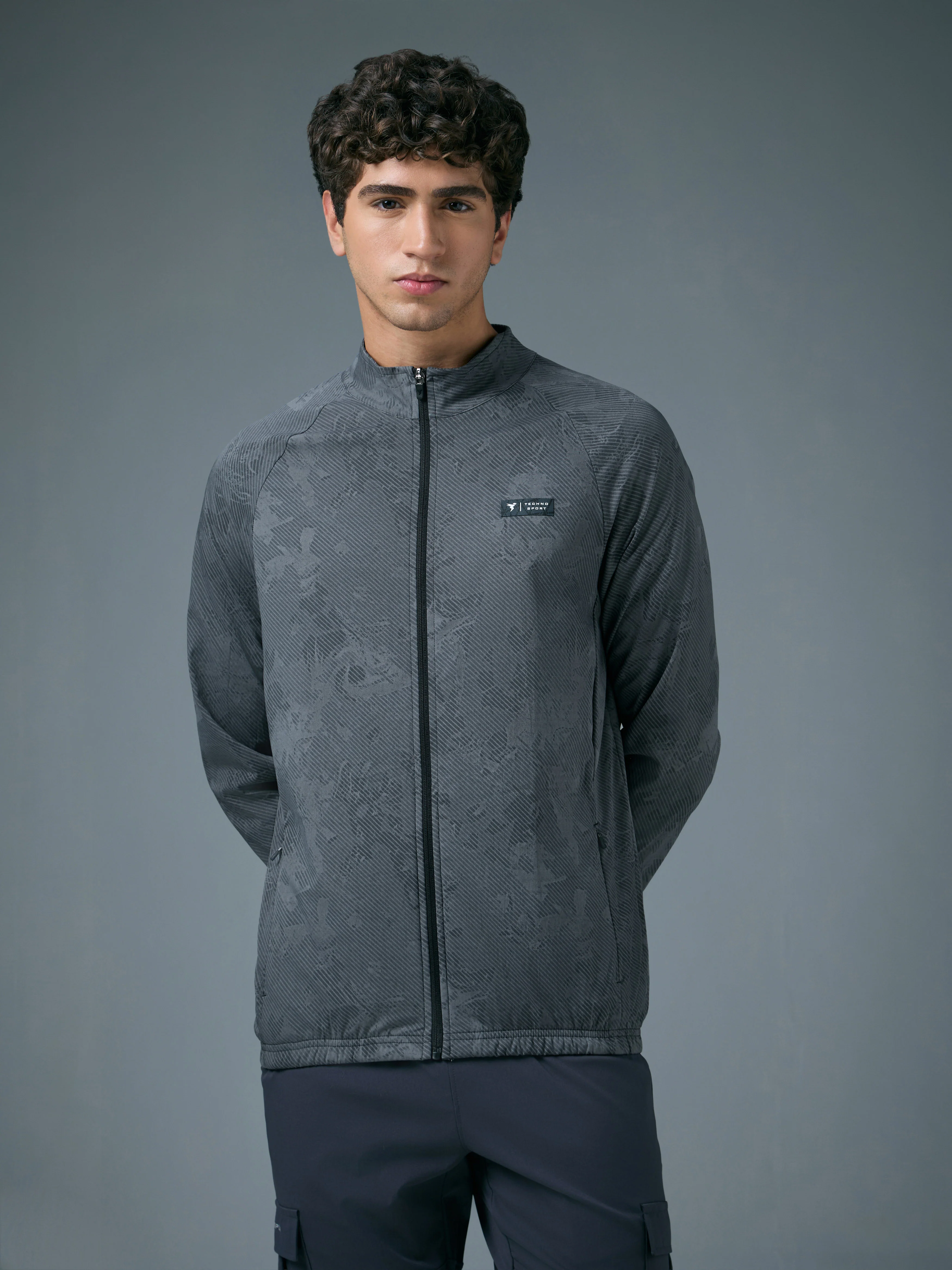 Men Printed Slim Fit Mock Neck Jacket with TS FLEXI - Image 2