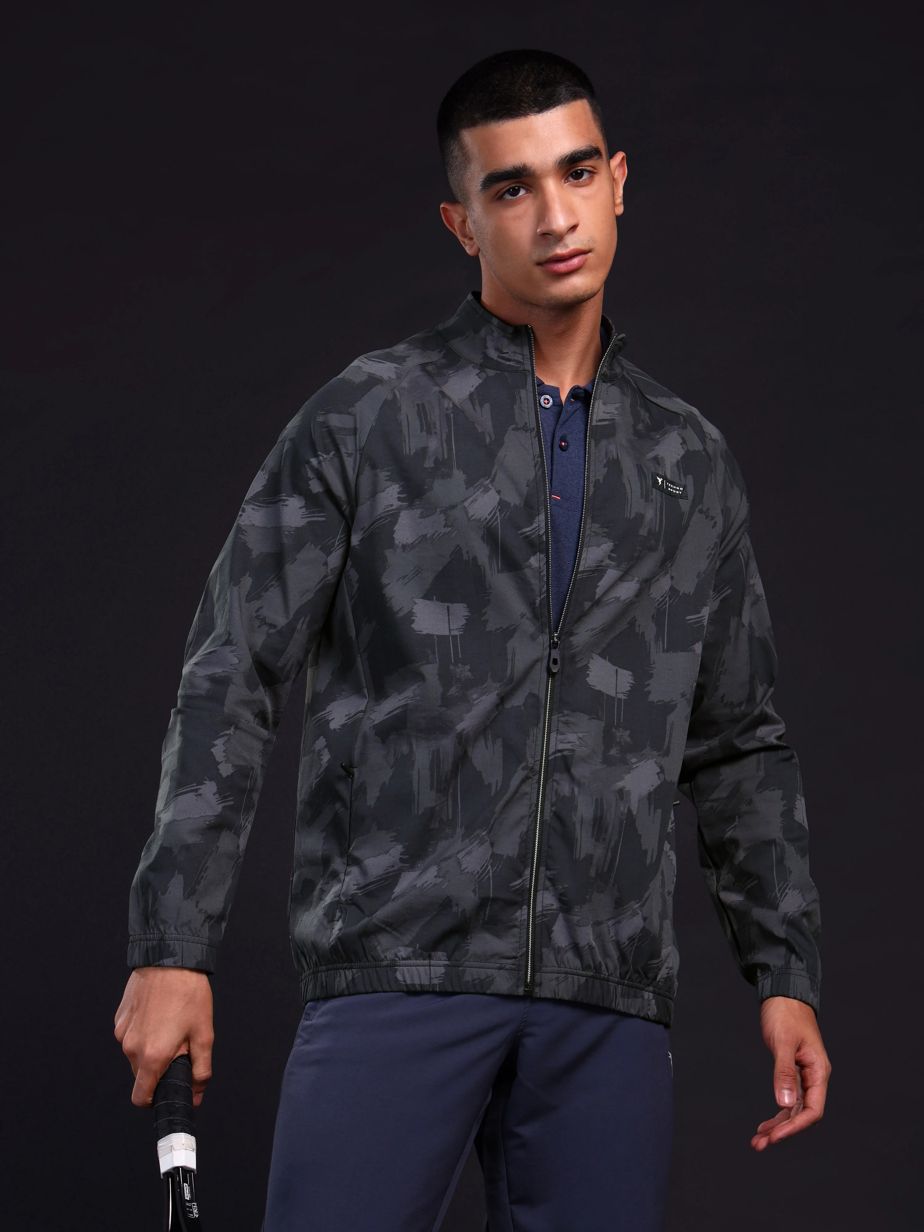Men Printed Slim Fit Mock Neck Jacket with TS FLEXI