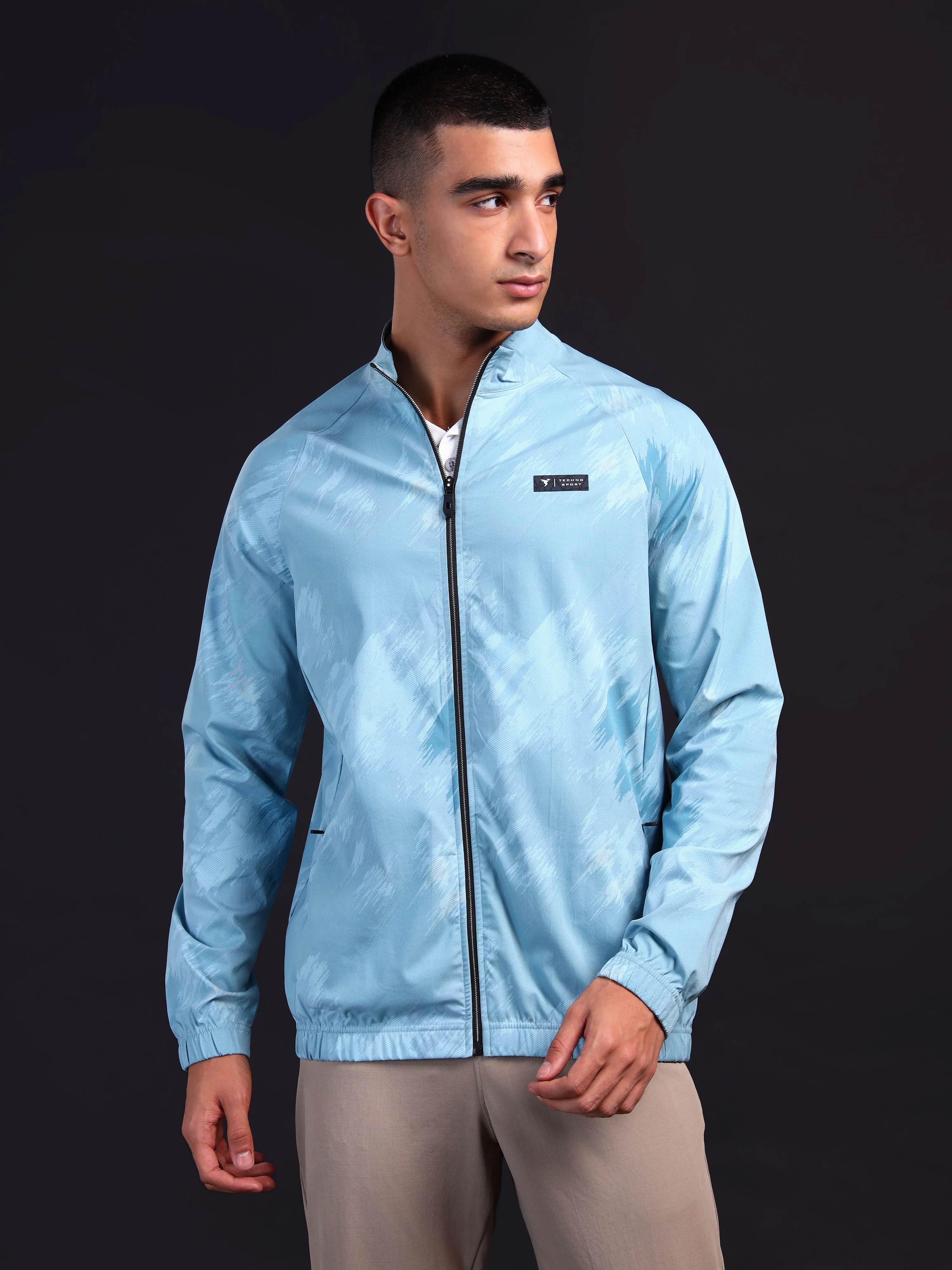 Men Printed Slim Fit Mock Neck Jacket with TS FLEXI