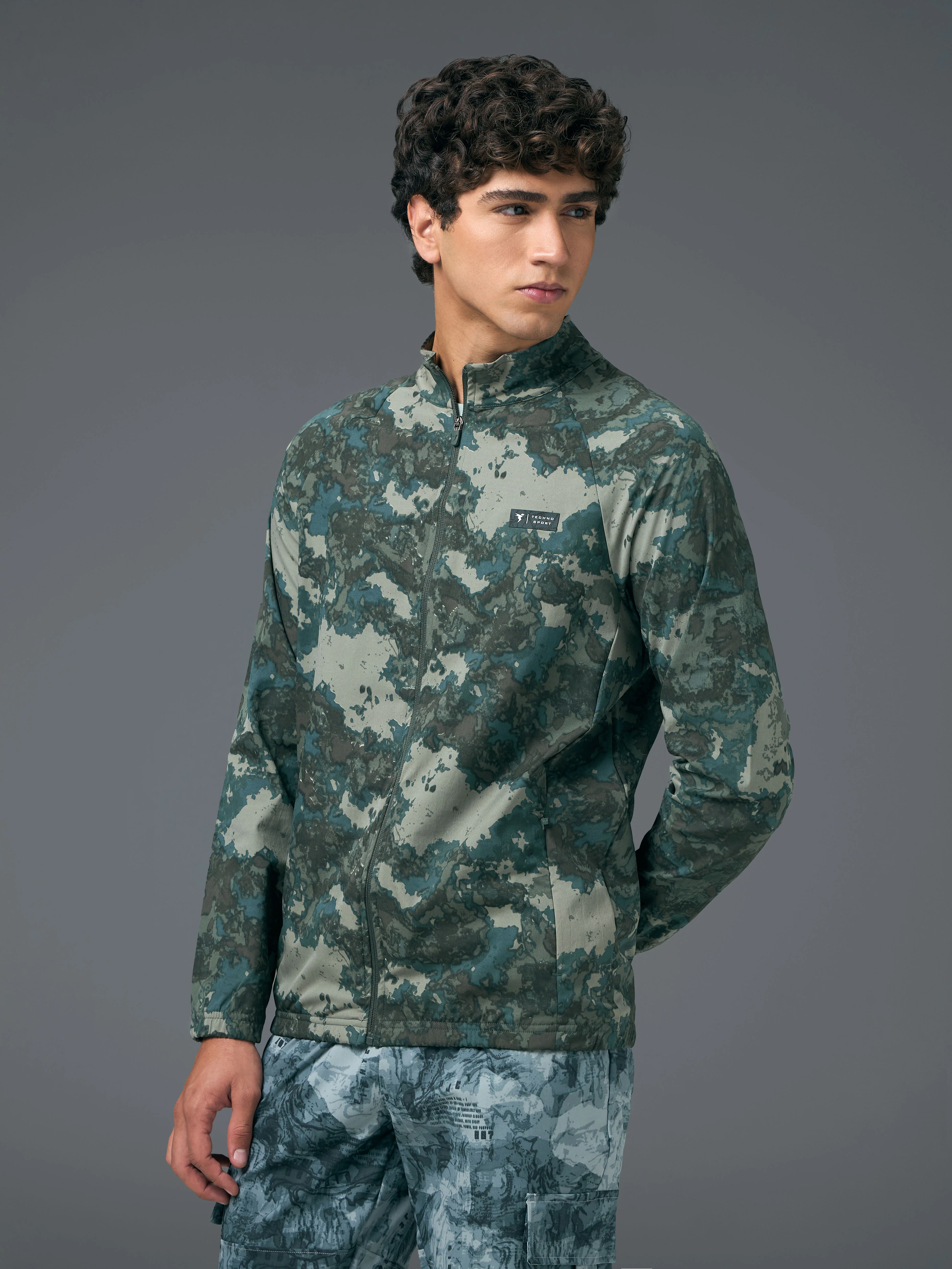 Men Printed Slim Fit Mock Neck Jacket with TS FLEXI - Image 2