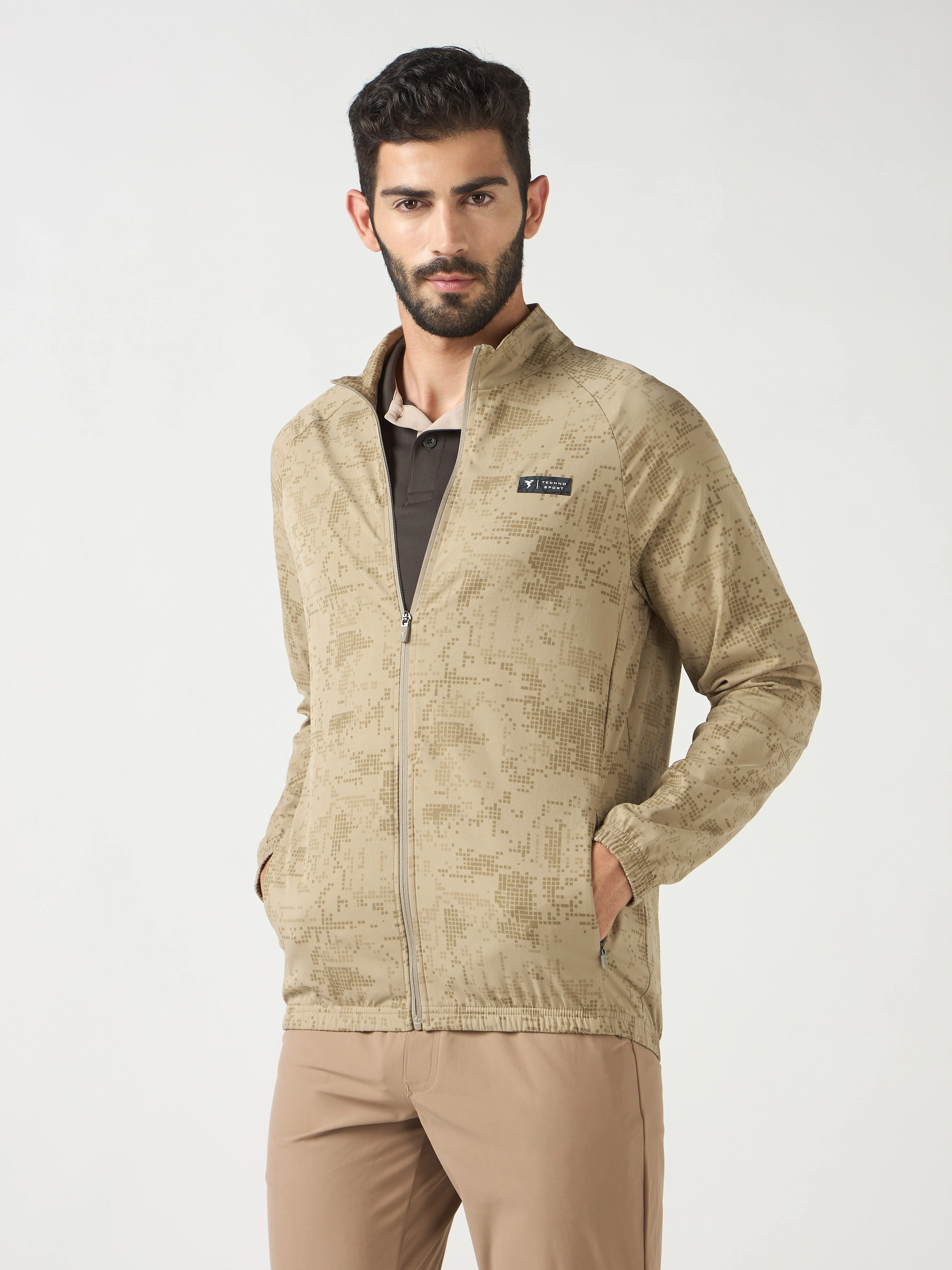 Men Printed Slim Fit Mock Neck Jacket with TS FLEXI