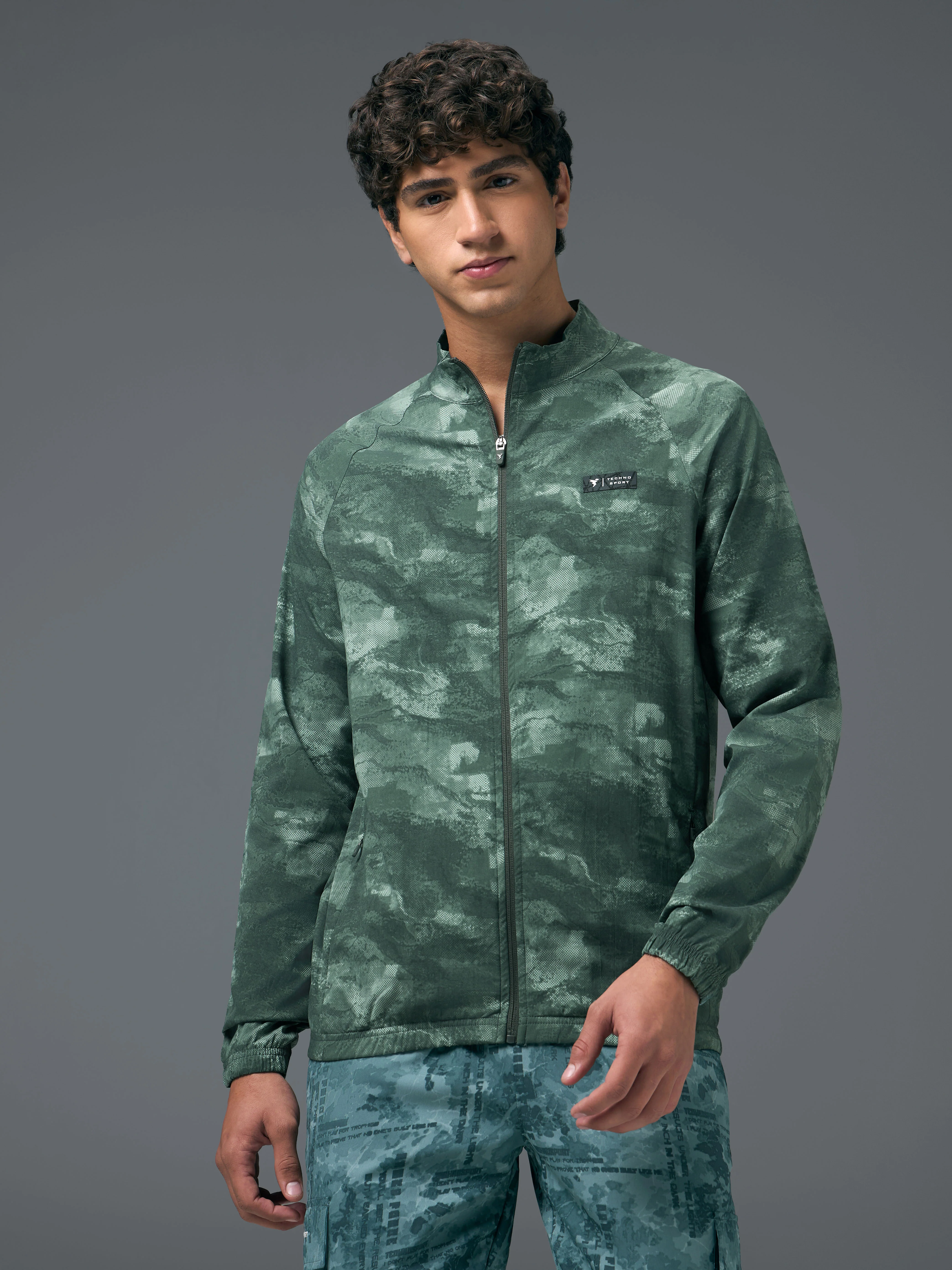 Men Printed Slim Fit Mock Neck Jacket with TS FLEXI - Image 2
