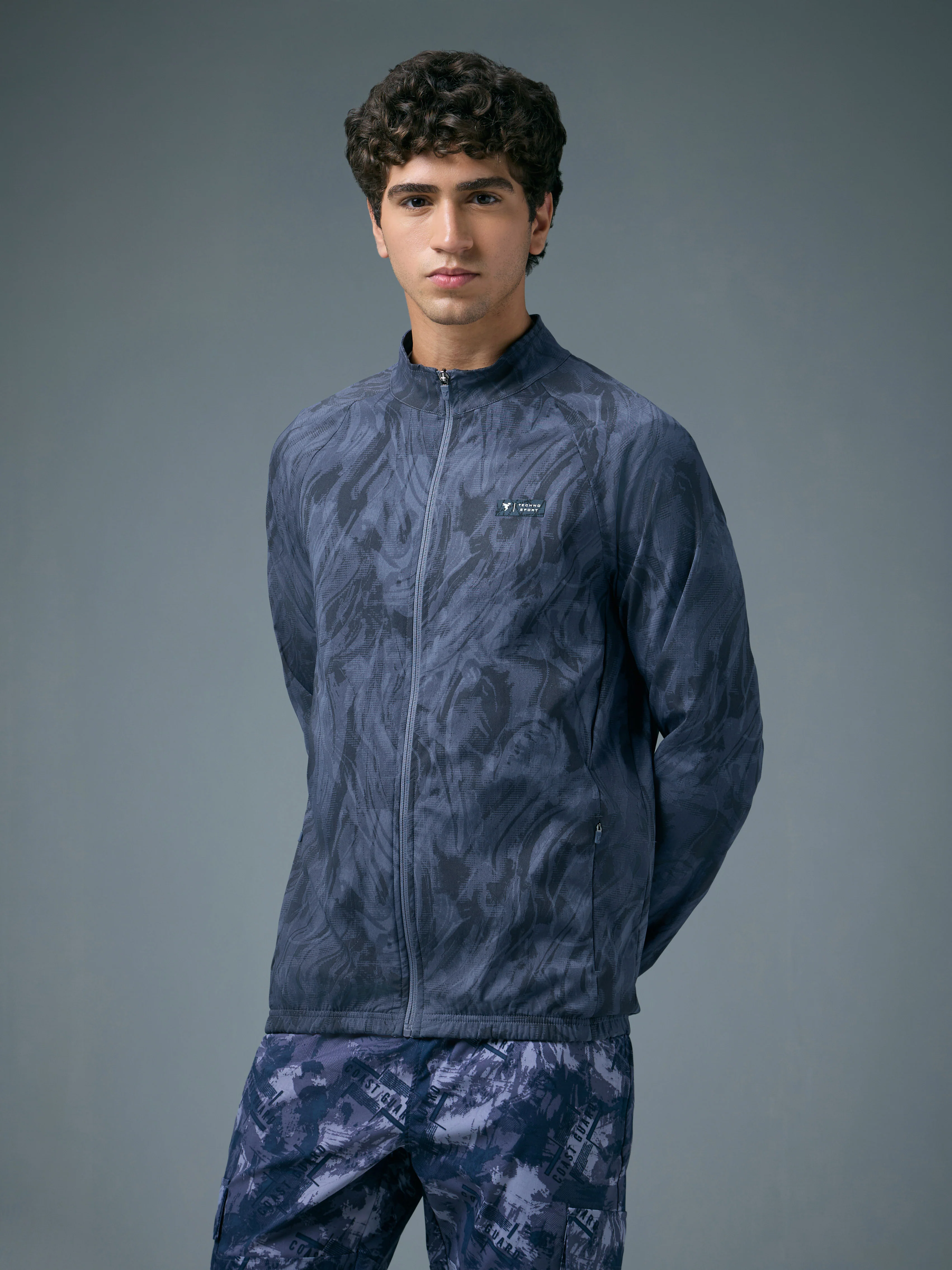 Men Printed Slim Fit Mock Neck Jacket with TS FLEXI - Image 4