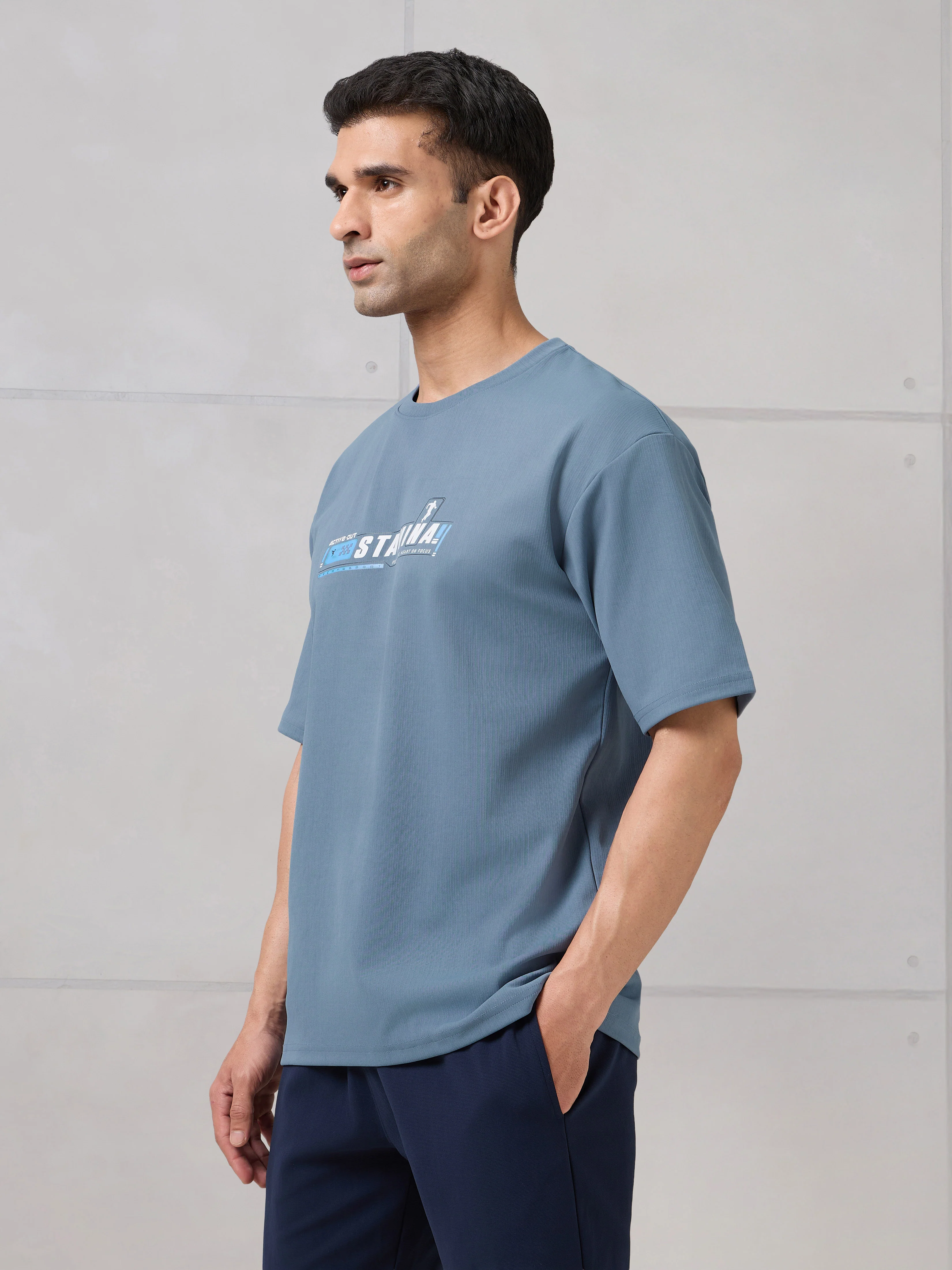 Men Round Neck Typography Printed Active Out Slim Fit T-Shirt with ELASTOPLUS - Image 4