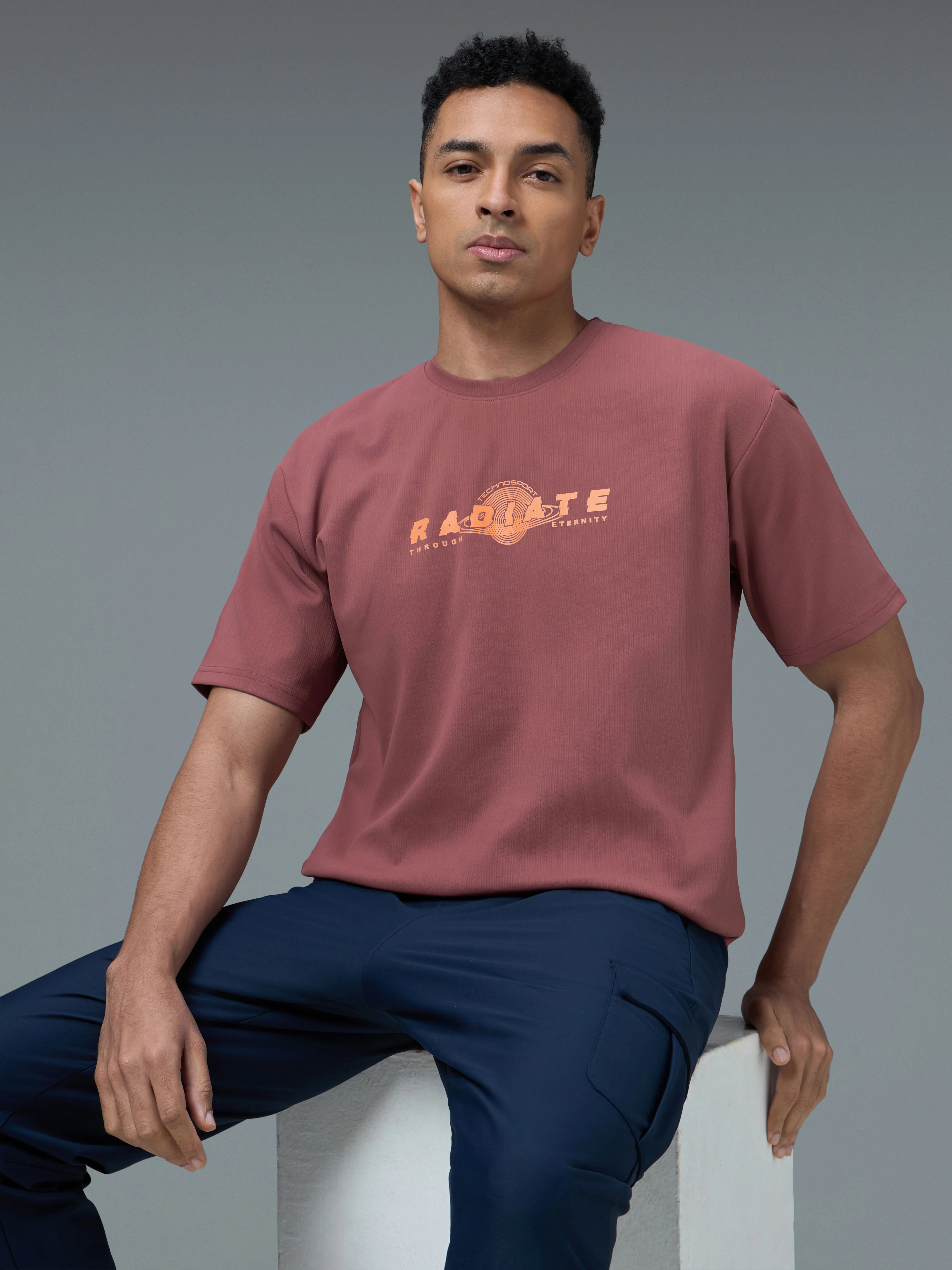 Men Round Neck Typography Printed Active Out Slim Fit T-Shirt with ELASTOPLUS