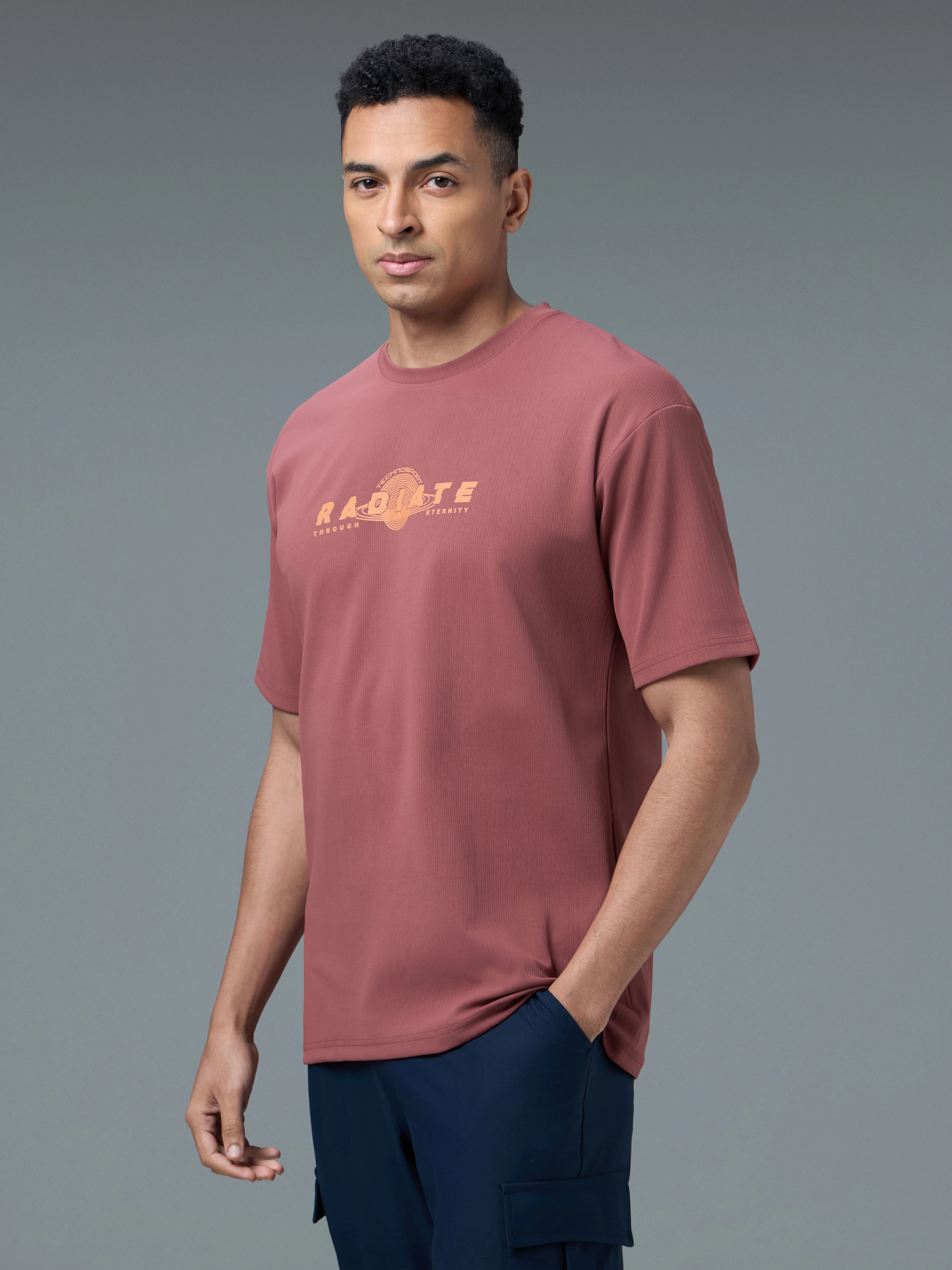 Men Round Neck Typography Printed Active Out Slim Fit T-Shirt with ELASTOPLUS - Image 4