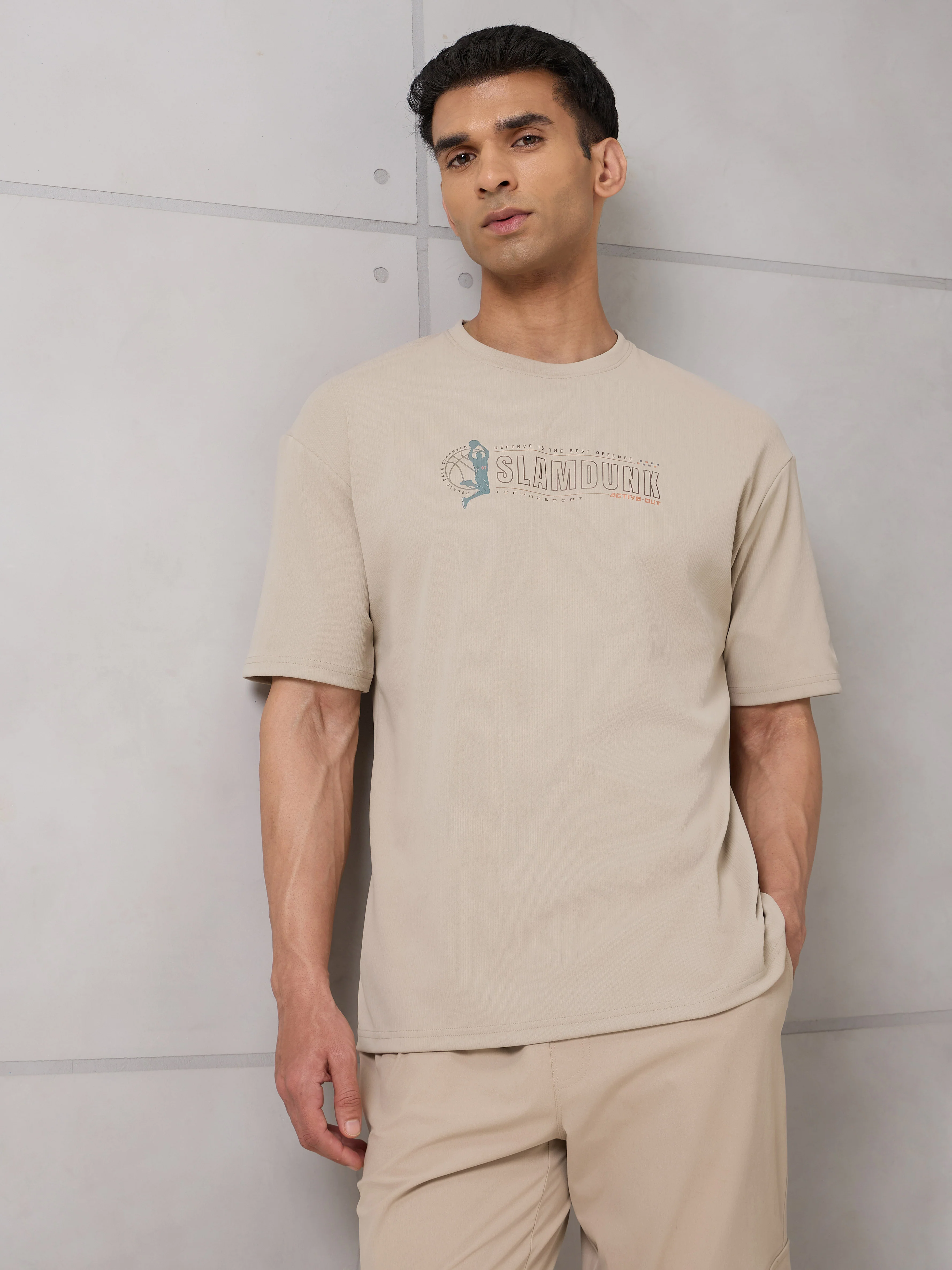 Men Round Neck Typography Printed Active Out Slim Fit T-Shirt with ELASTOPLUS - Image 2
