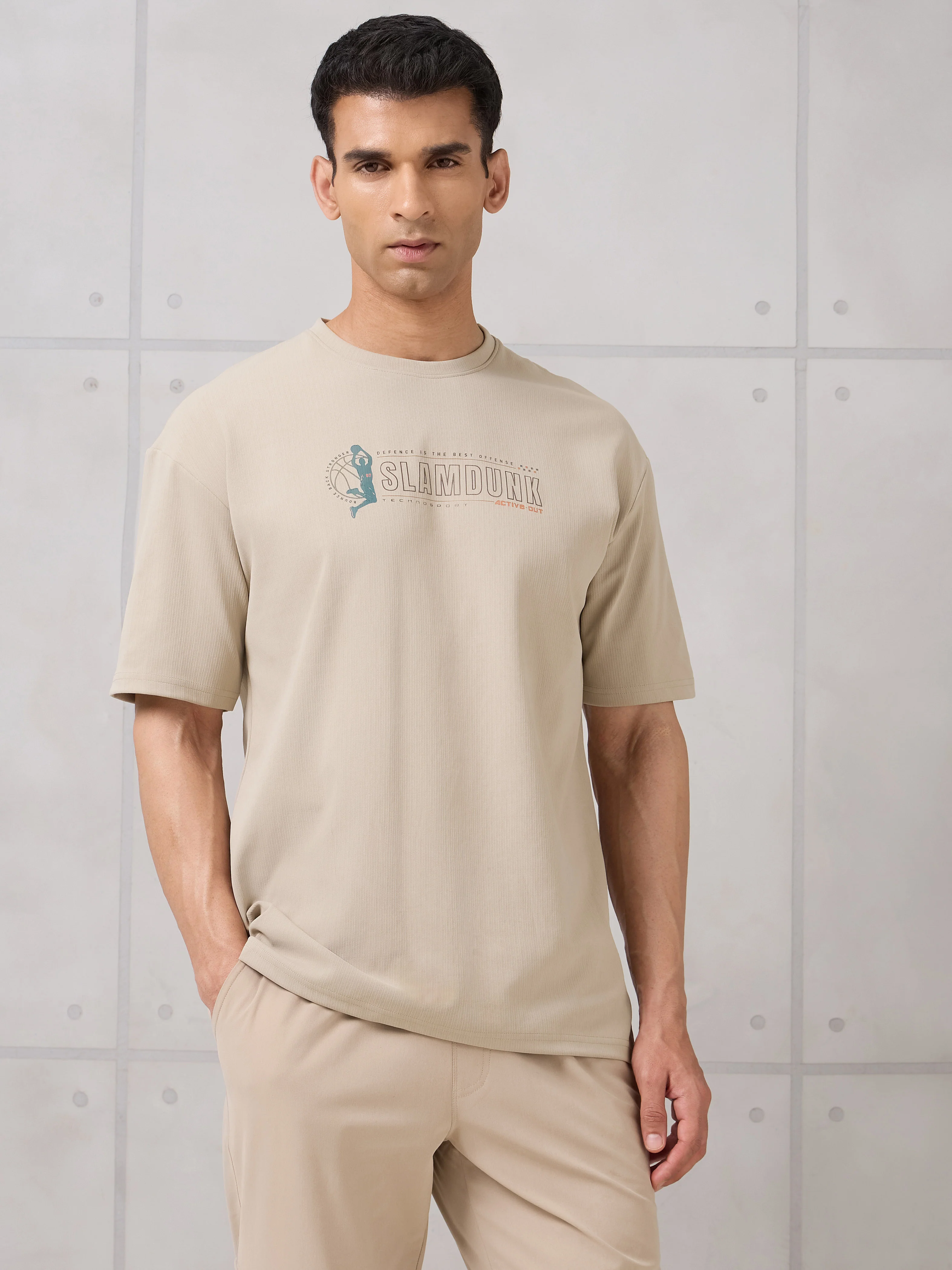 Men Round Neck Typography Printed Active Out Slim Fit T-Shirt with ELASTOPLUS - Image 3