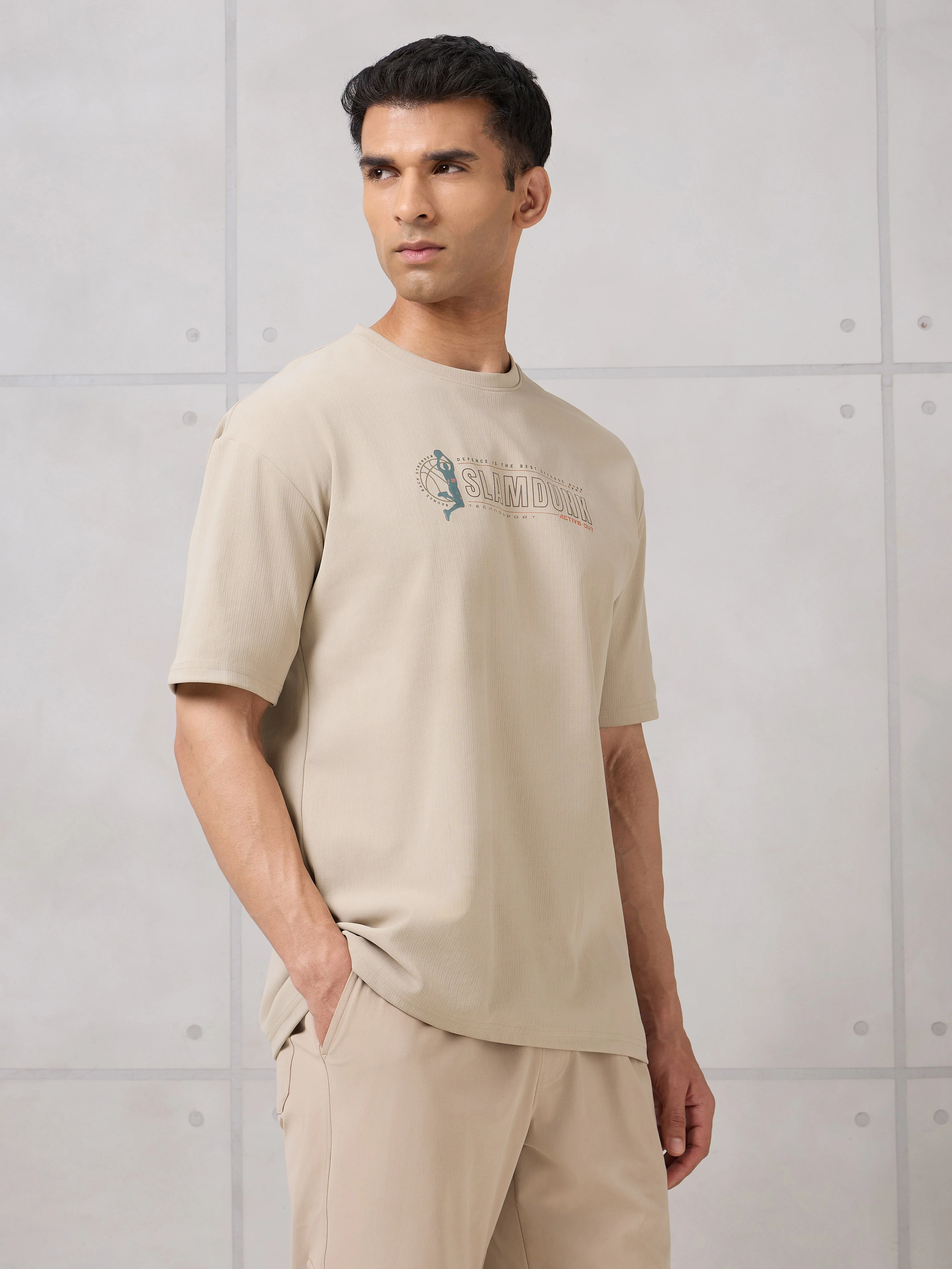 Men Round Neck Typography Printed Active Out Slim Fit T-Shirt with ELASTOPLUS - Image 5