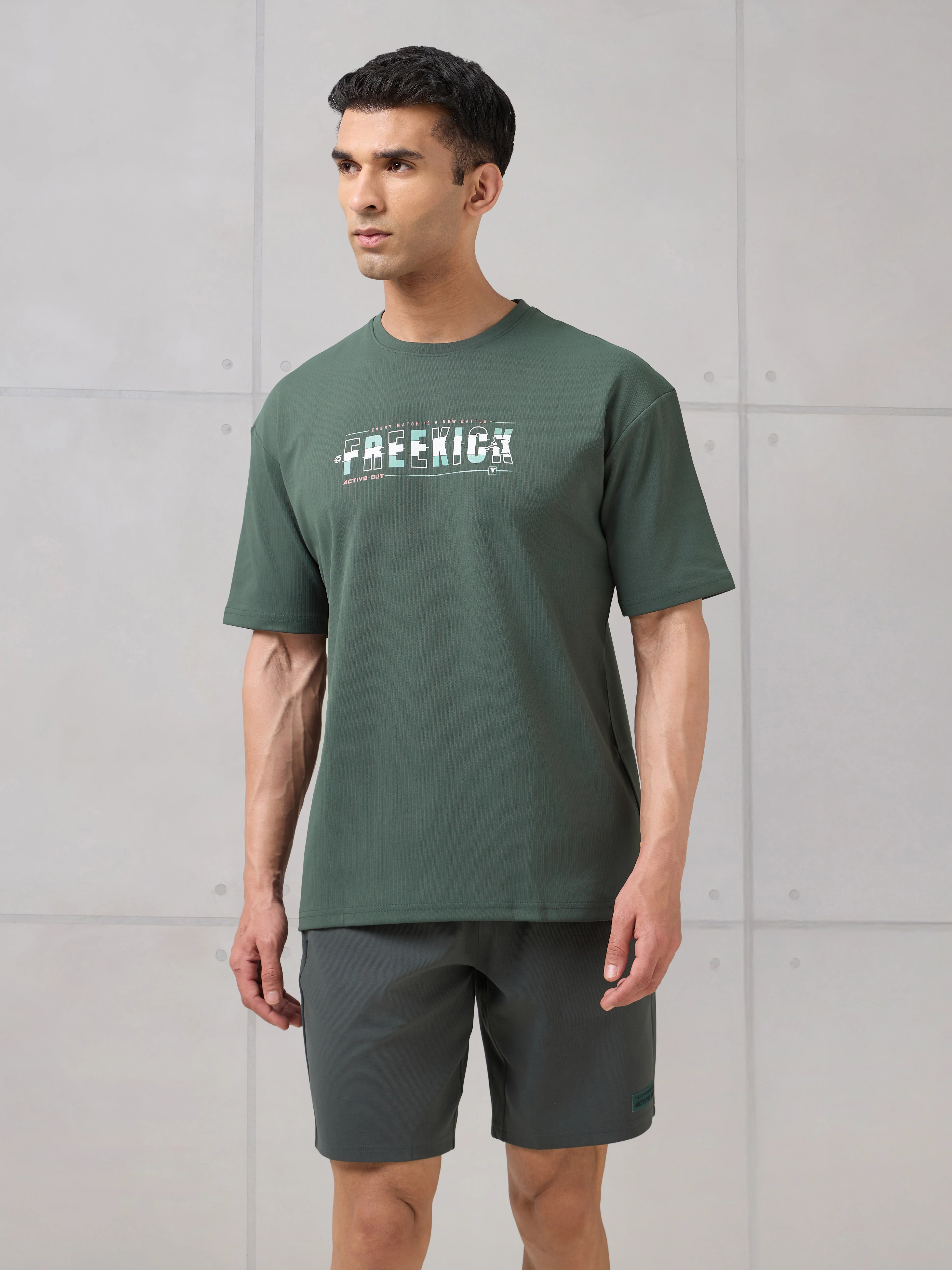Men Round Neck Typography Printed Active Out Slim Fit T-Shirt with ELASTOPLUS - Image 2