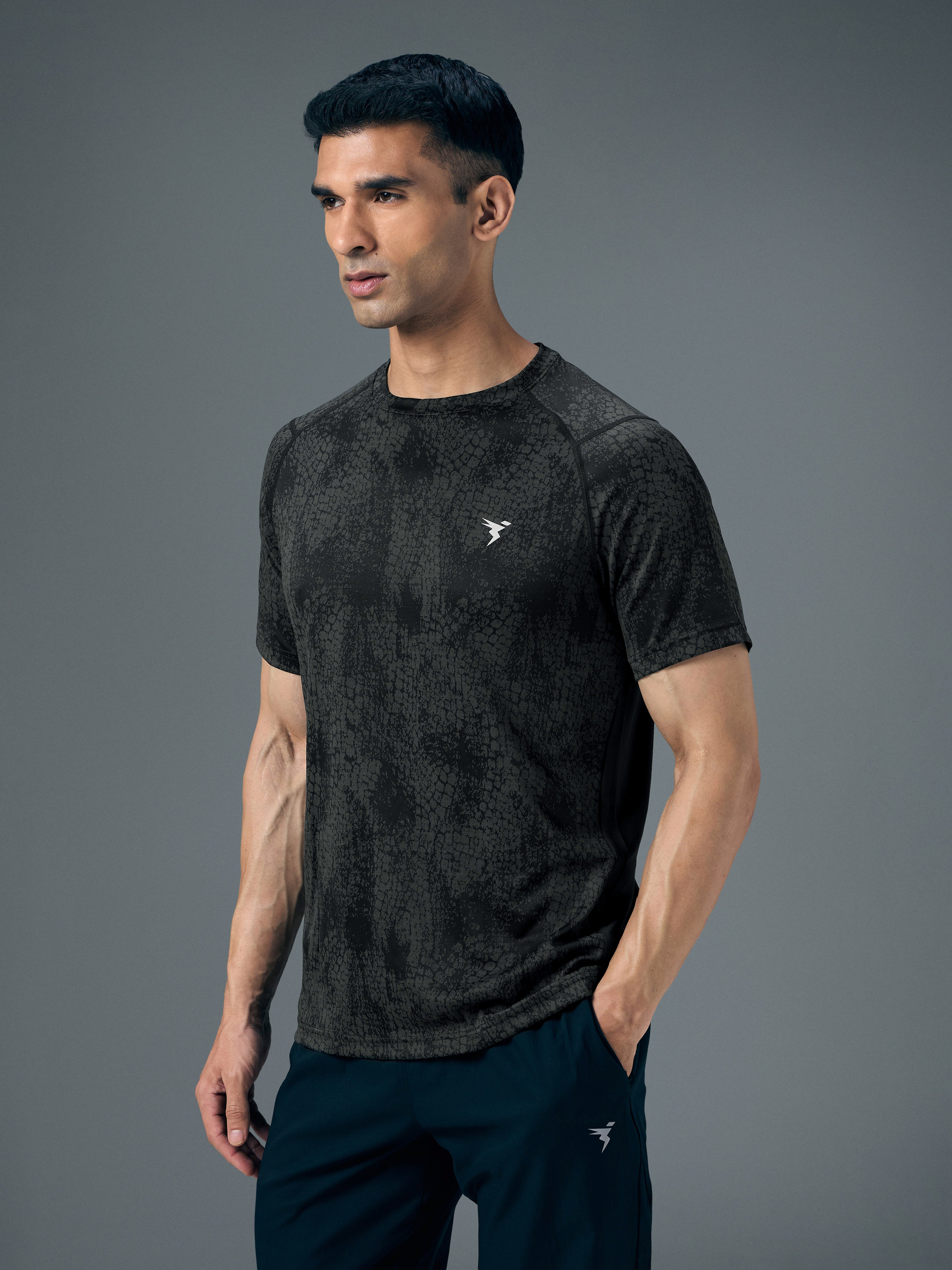 Men Self Design Slim Fit Crew Neck T-shirt with DOUBLE COOL - Image 3