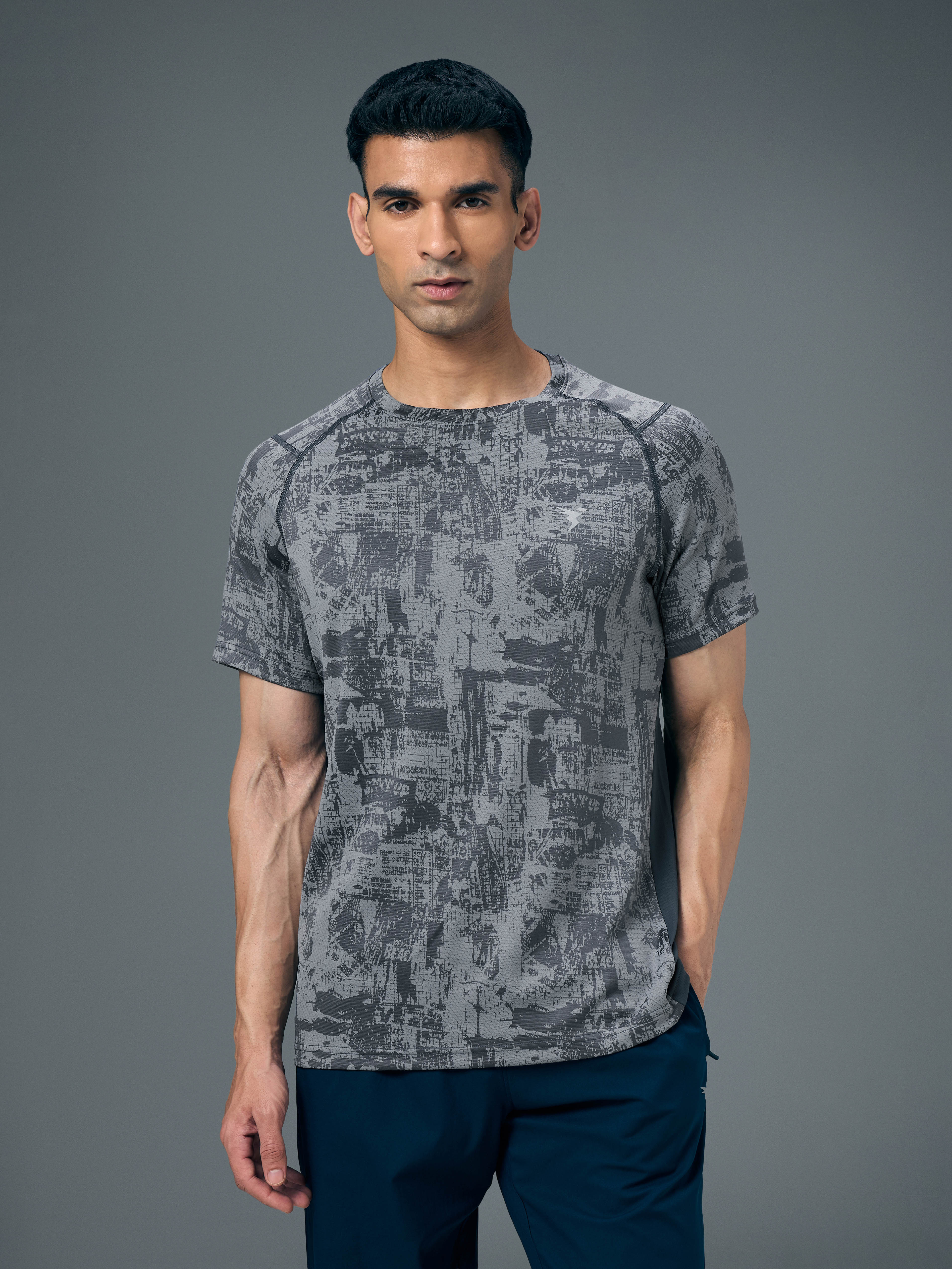 Men Self Design Slim Fit Crew Neck T-shirt with DOUBLE COOL - Image 2