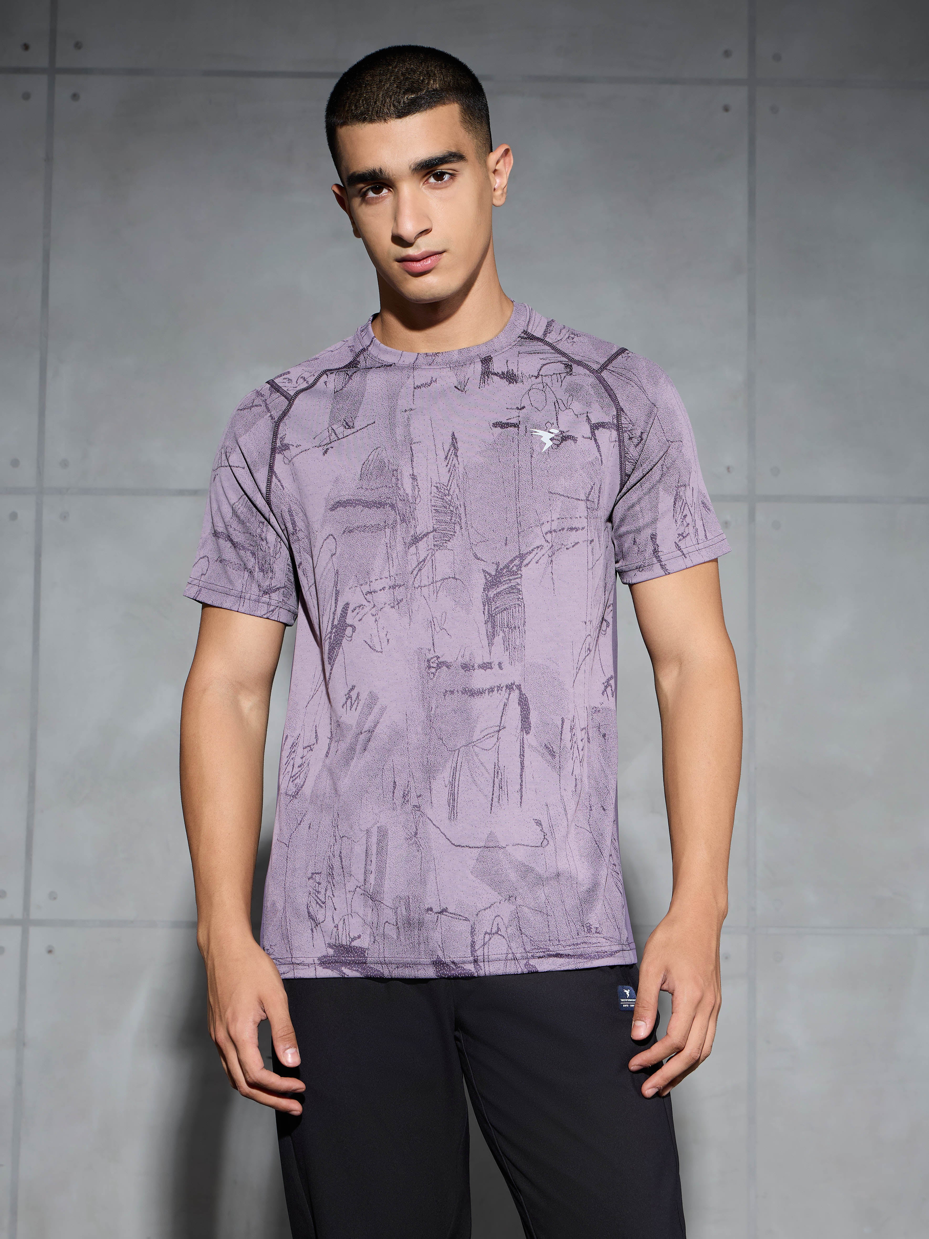 Men Self Design Slim Fit Crew Neck T-shirt with DOUBLE COOL - Image 2