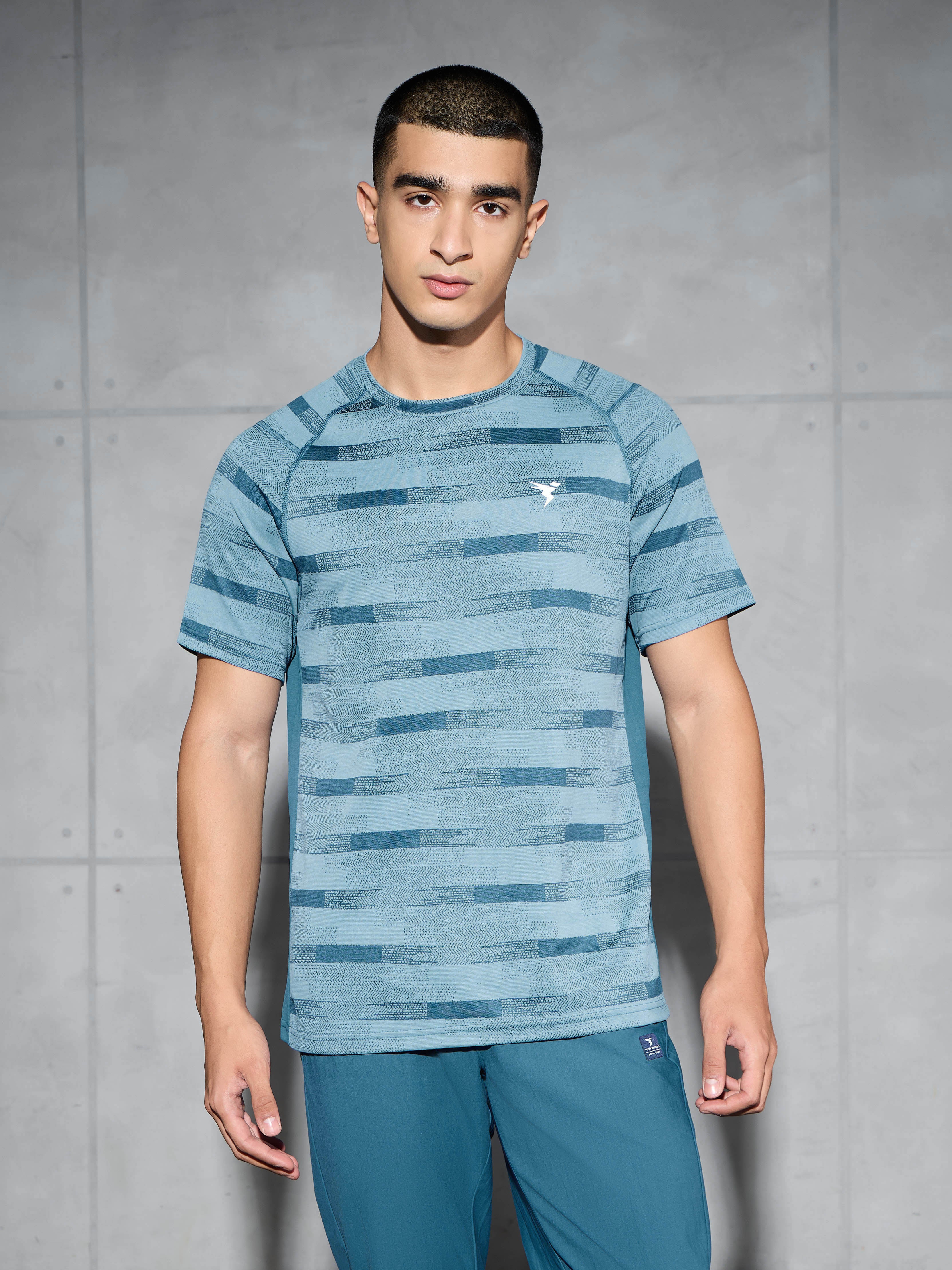 Men Self Design Slim Fit Crew Neck T-shirt with DOUBLE COOL - Image 2