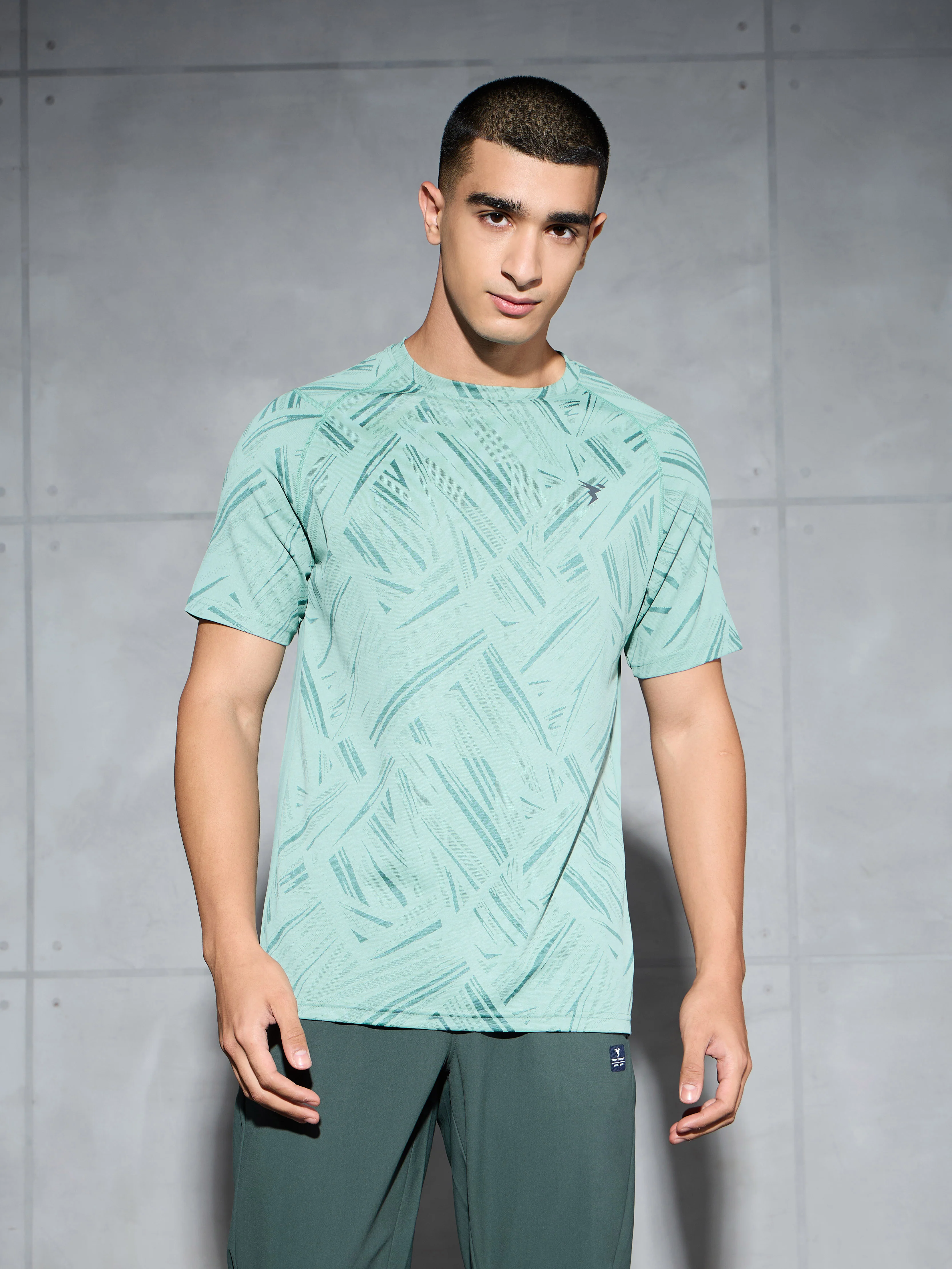 Men Self Design Slim Fit Crew Neck T-shirt with DOUBLE COOL - Image 2