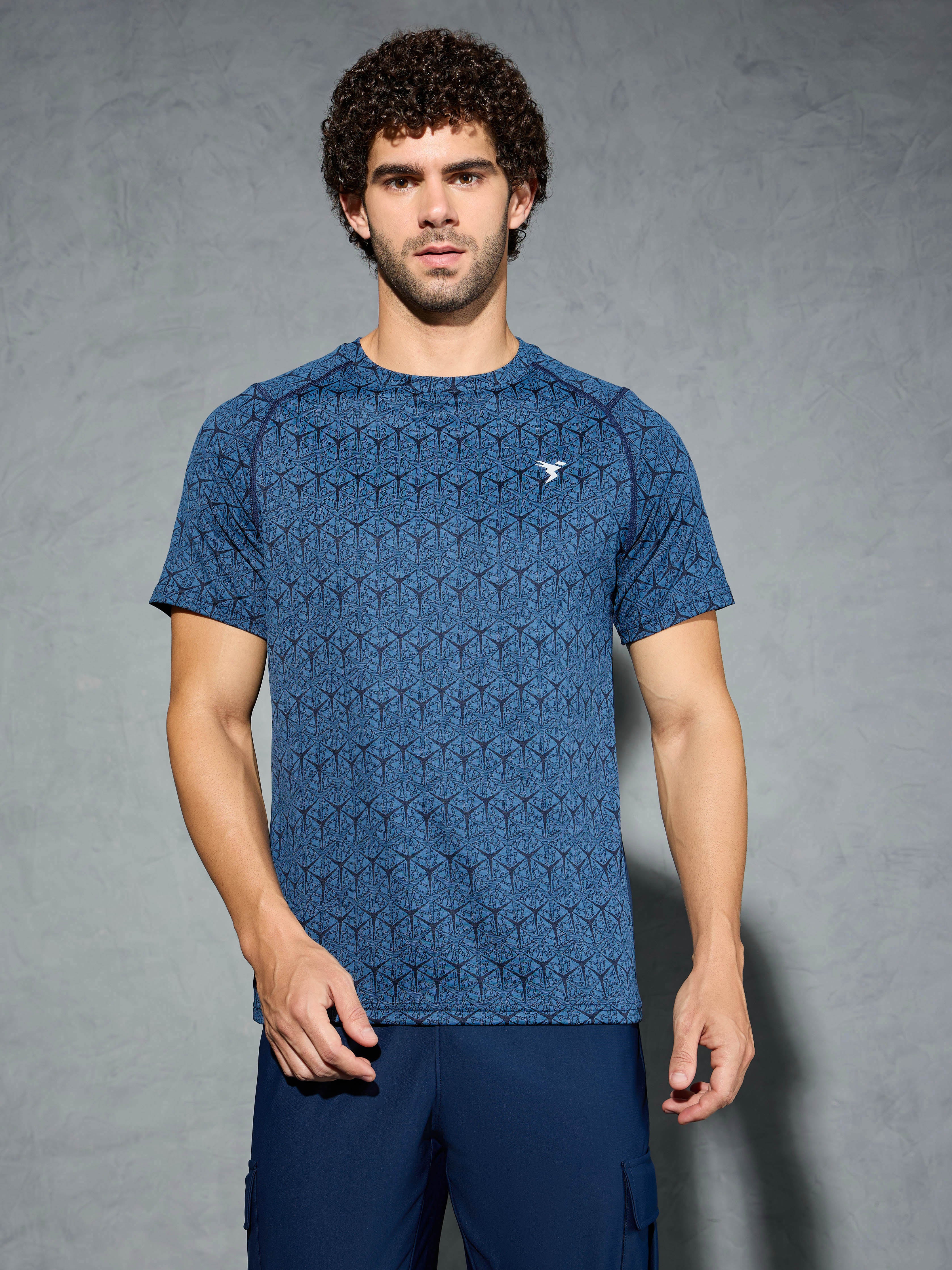 Men Self Design Slim Fit Crew Neck T-shirt with DOUBLE COOL - Image 2