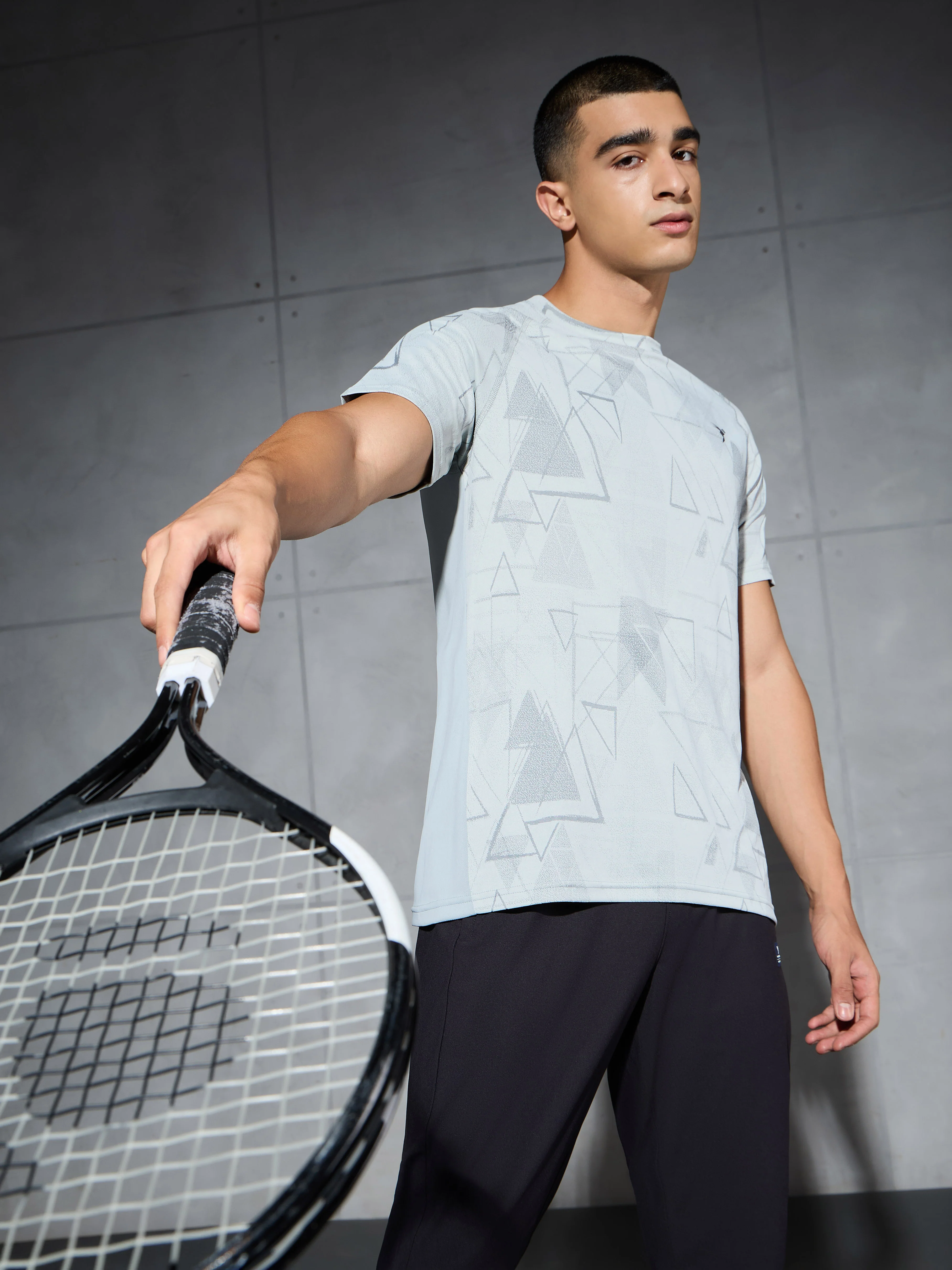 Men Self Design Slim Fit Crew Neck T-shirt with DOUBLE COOL