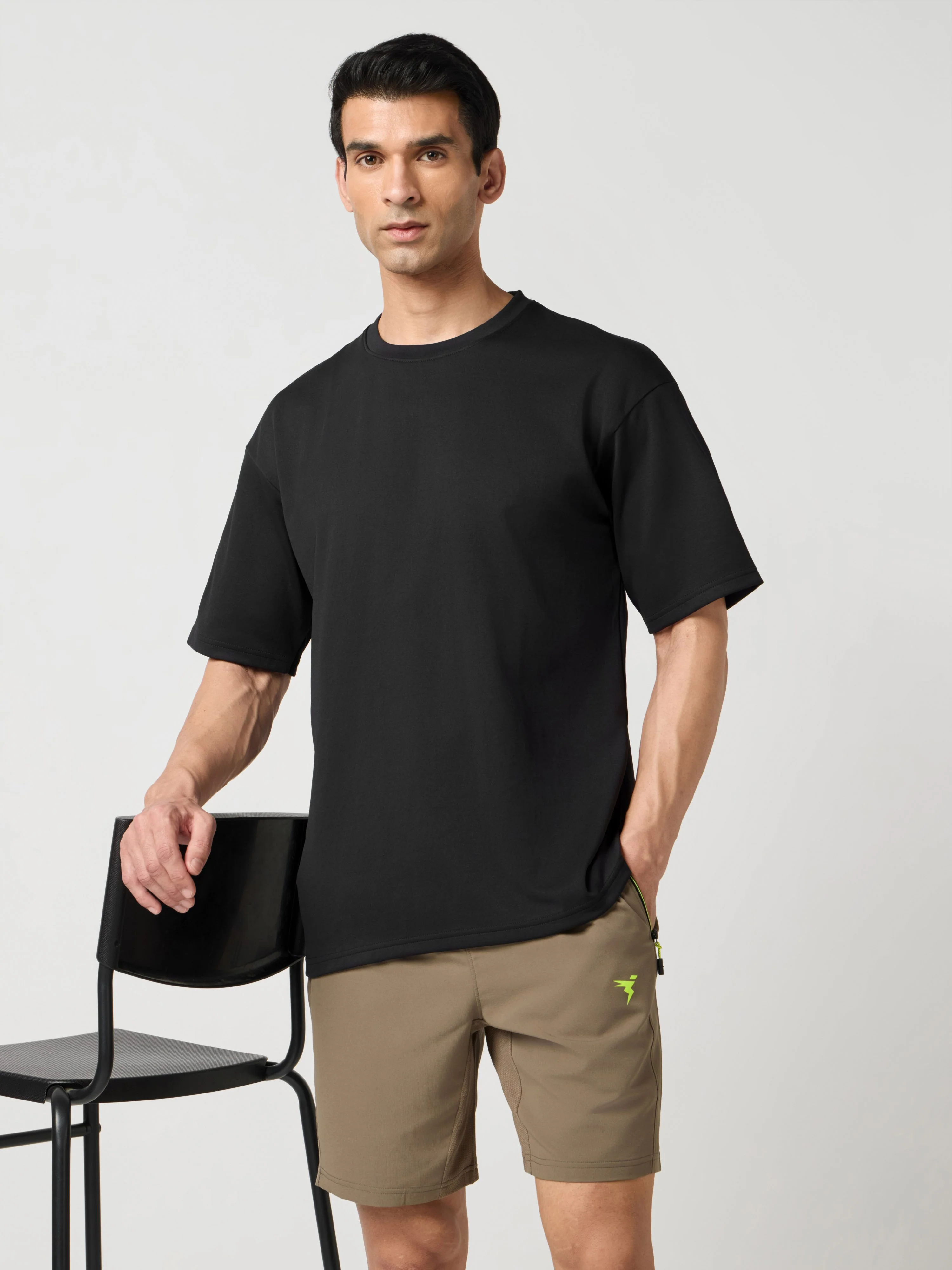 Men Solid  Oversized Crew Neck T-shirt with ELASTO PLUS