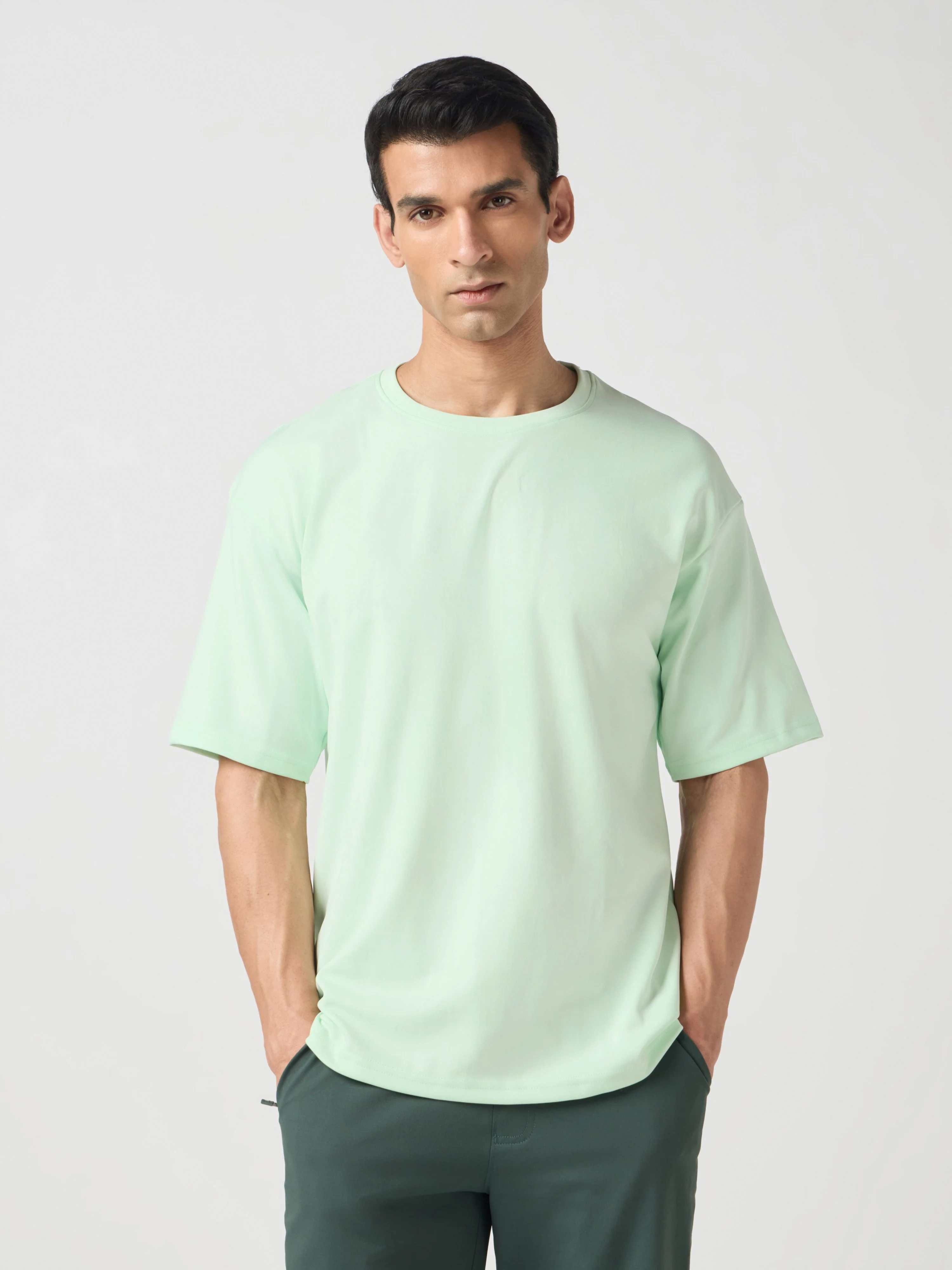 Men Solid  Oversized Crew Neck T-shirt with ELASTO PLUS - Image 2
