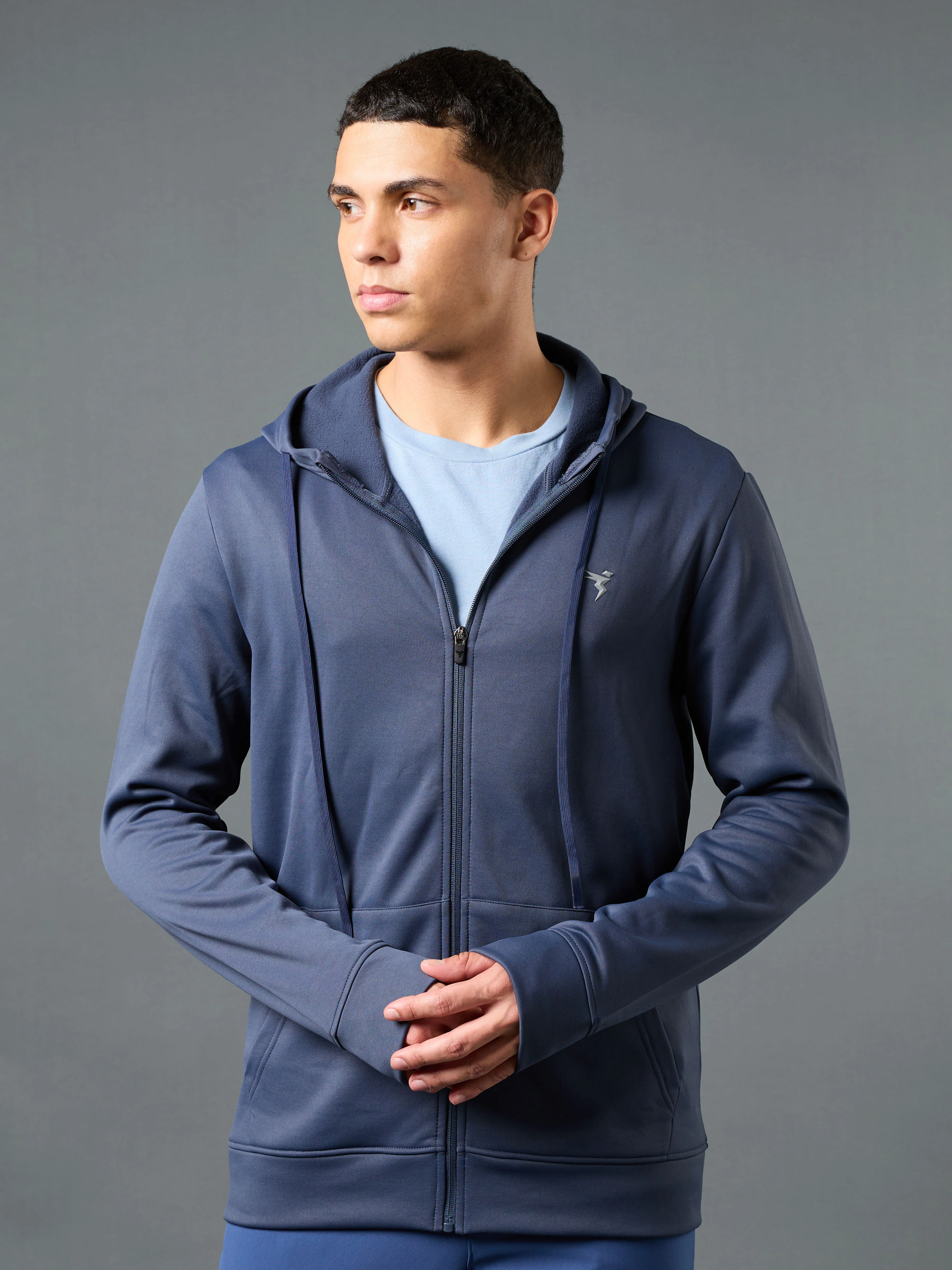 Men Solid Slim Fit Hooded Jacket with TECHNOWARM+