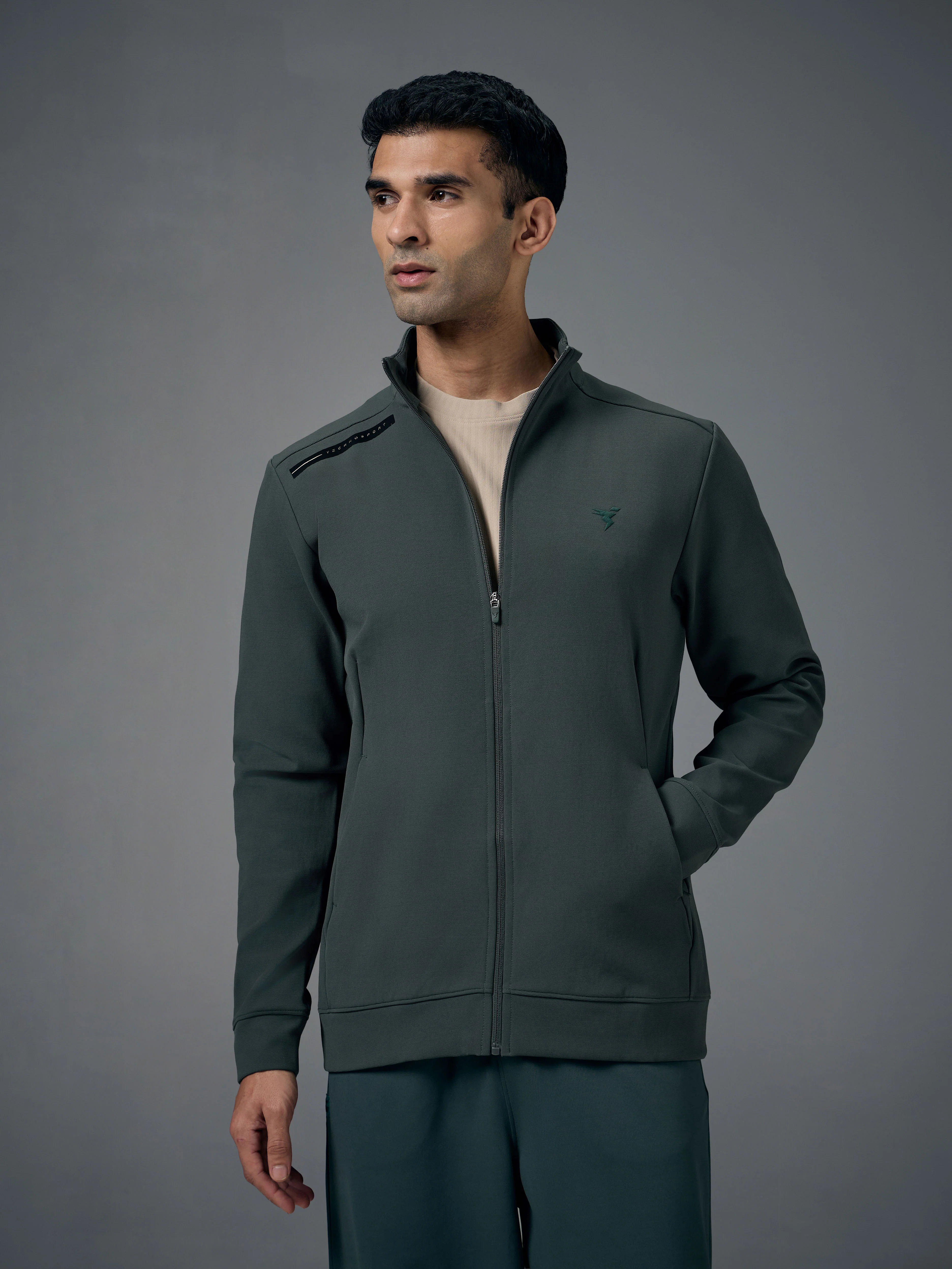 Men Solid Slim Fit Mock Neck Jacket with ELASTO PLUS - Image 2