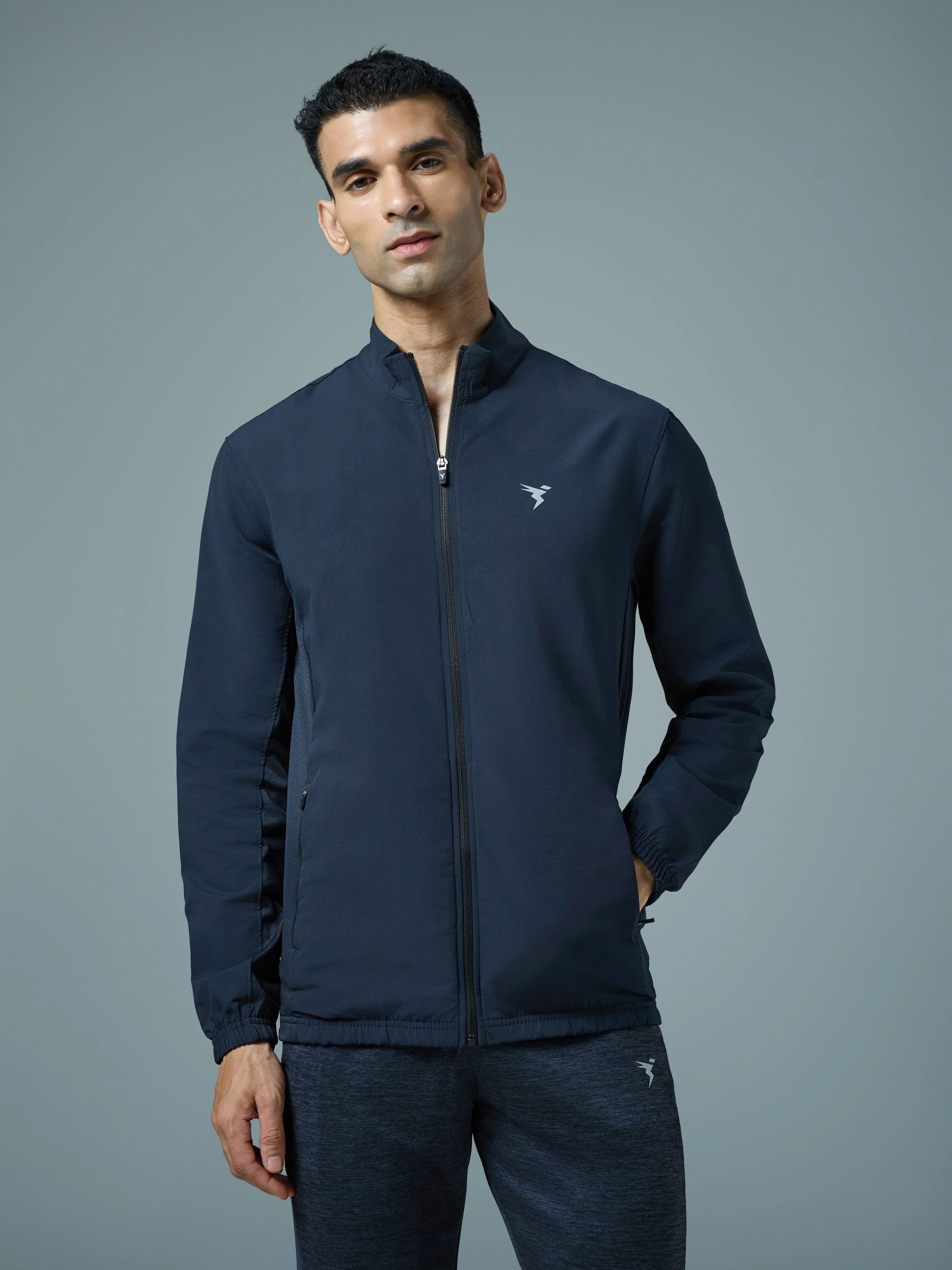 Men Solid Slim Fit Mock Neck Jacket with TECHNOLITE
