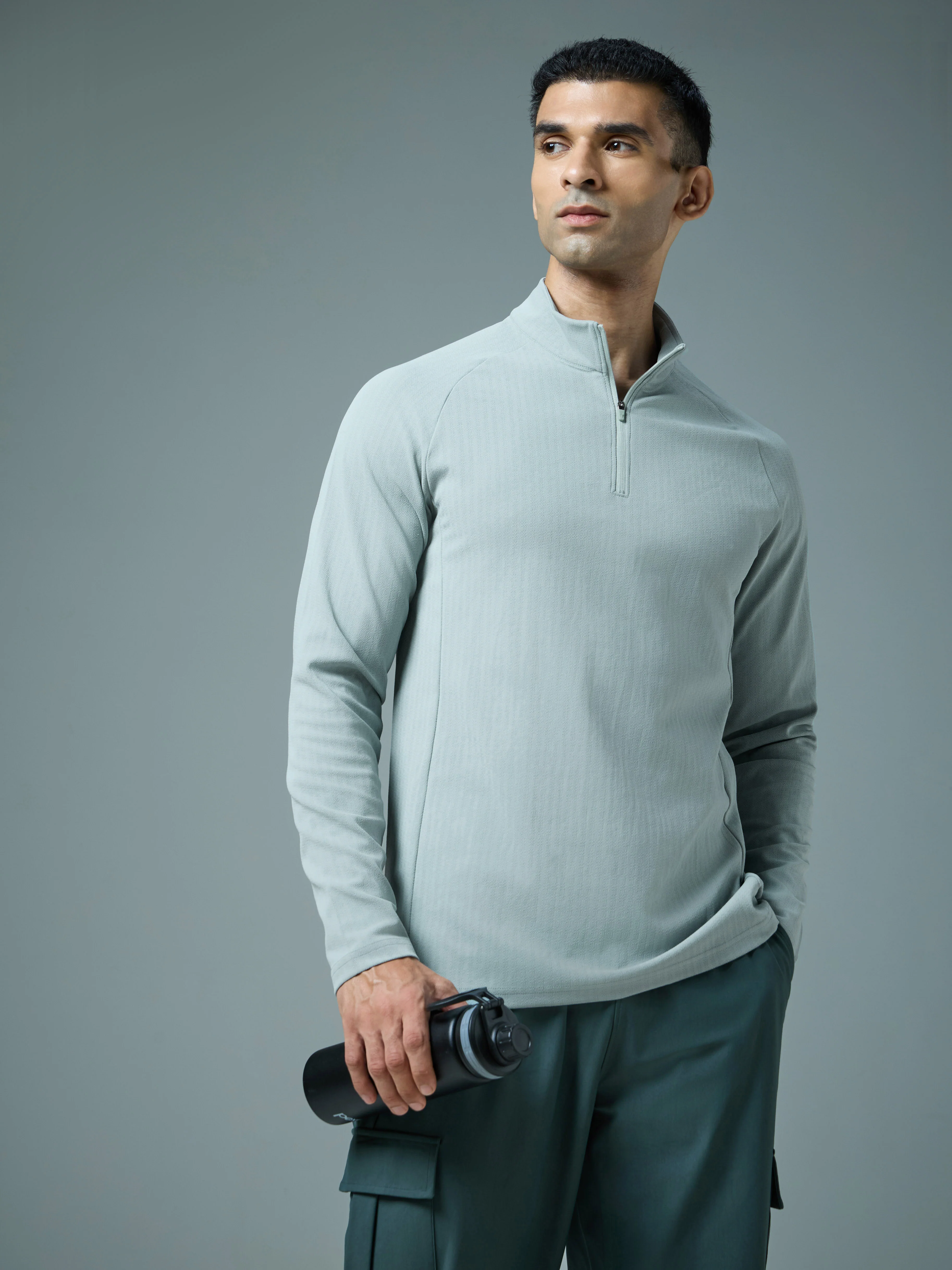Men Solid Slim Fit Mock Neck Sports T-shirt with ELASTO PLUS