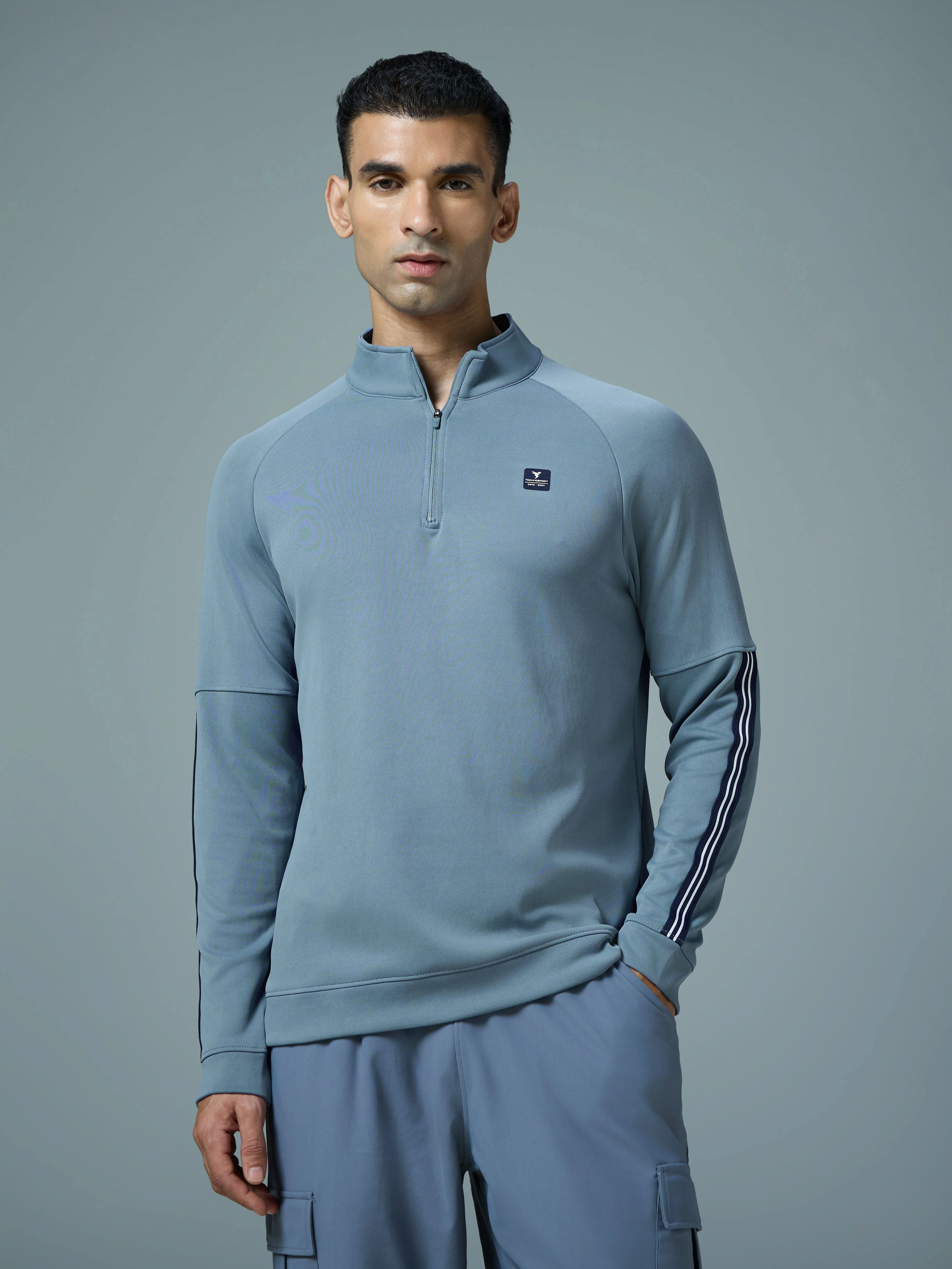 Men Solid Slim Fit Mock Neck Sweatshirt with ELASTO PLUS - Image 2