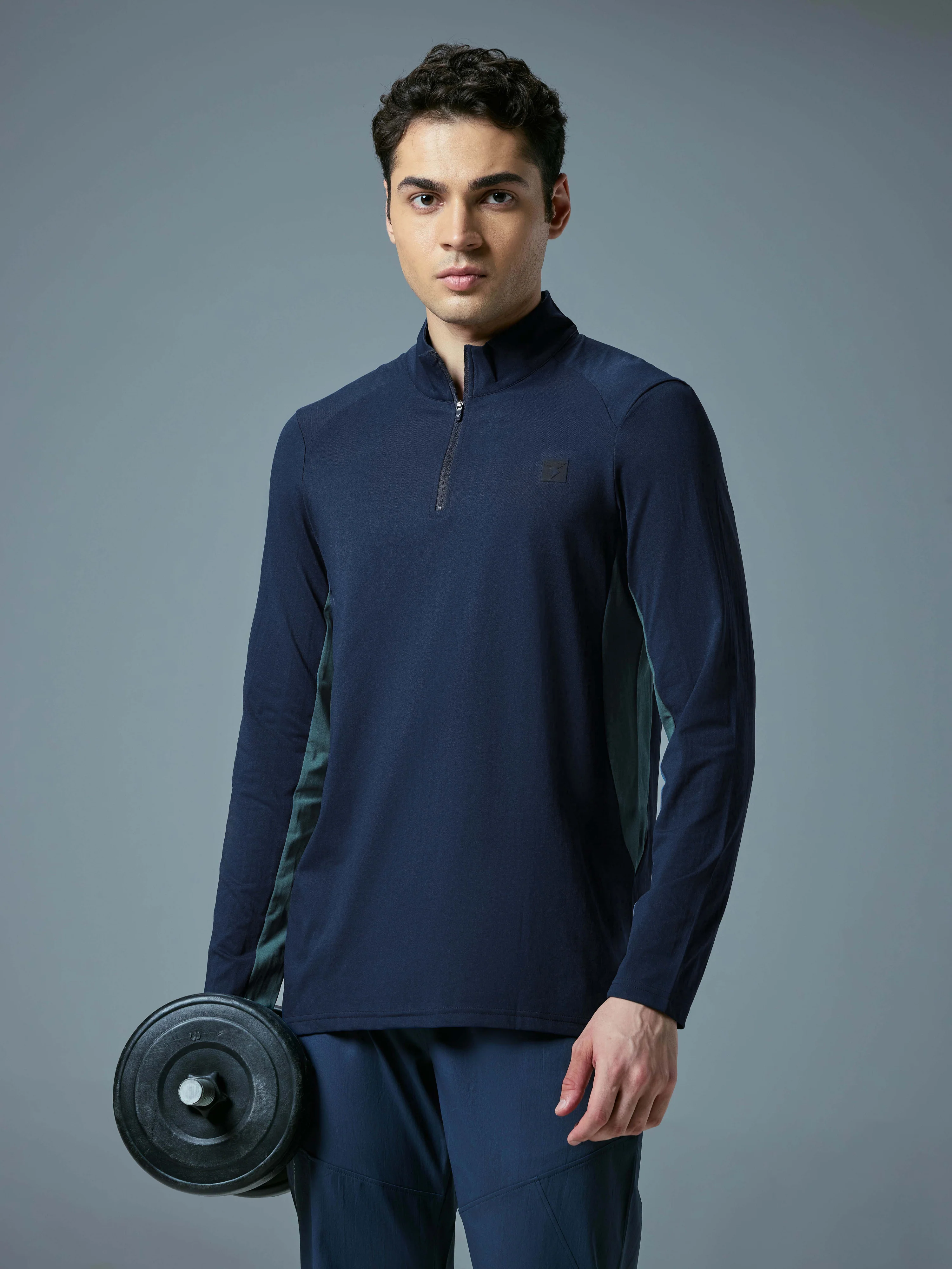 Men Colorblock Slim Fit Mock Neck Sports T-shirt with COTFLEX