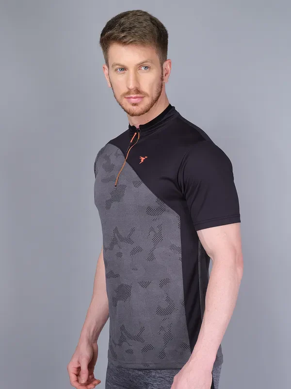 Men Self Design Slim Fit Mock Neck T-shirt with VENTMESH - Image 3
