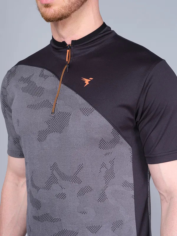 Men Self Design Slim Fit Mock Neck T-shirt with VENTMESH - Image 5