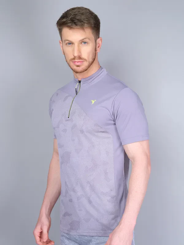 Men Self Design Slim Fit Mock Neck T-shirt with VENTMESH - Image 2