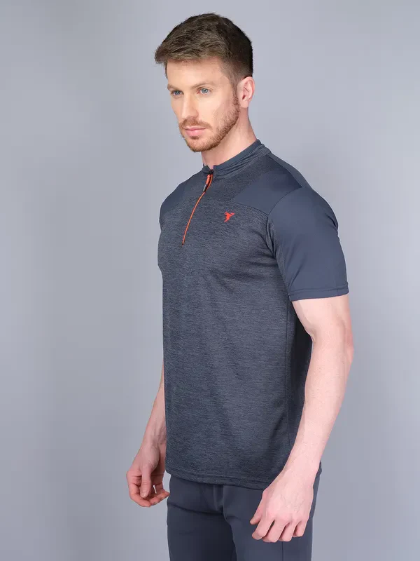 Men Melange Slim Fit Mock Neck T-shirt with DOUBLE COOL - Image 5