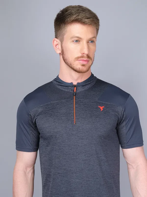 Men Melange Slim Fit Mock Neck T-shirt with DOUBLE COOL - Image 8