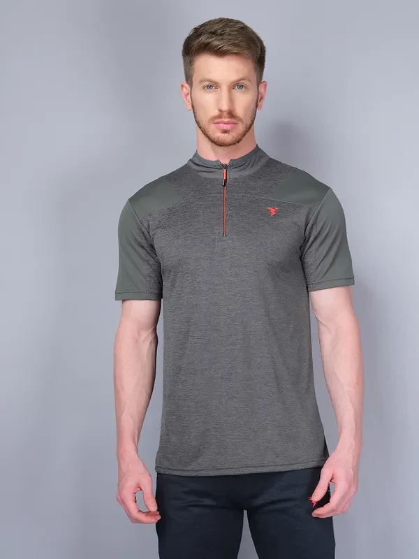 Men Melange Slim Fit Mock Neck T-shirt with DOUBLE COOL