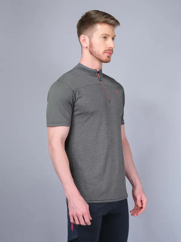Men Melange Slim Fit Mock Neck T-shirt with DOUBLE COOL - Image 3