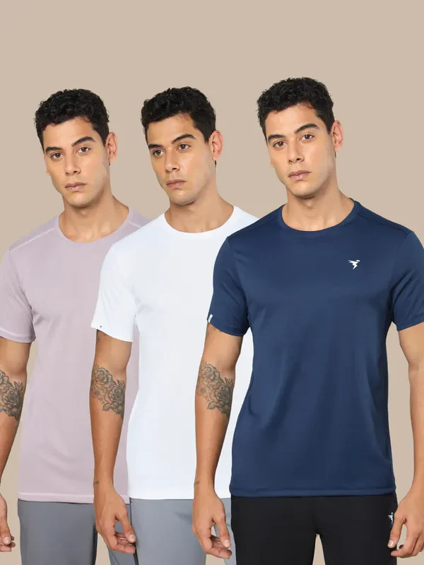 Men Solid Slim Fit Crew Neck T-shirt with TECHNO COOL+ (Pack of 3)